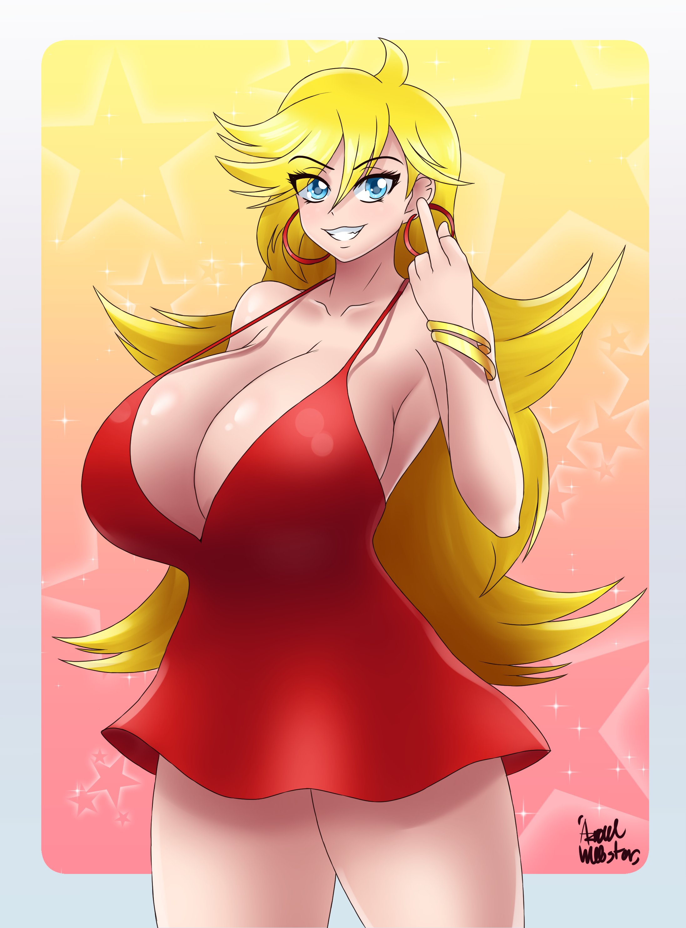 1girls, absurd res, angel, aqua eyes, artist signature, azraelwebster, big breasts, blonde hair, blue eyes, bracelet, breasts, collarbone, dress, earrings, eyebrows visible through hair, eyelashes, female, female only, hi res, hoop earrings, huge breasts, large breasts, long hair, looking at viewer, middle finger, panty & stocking with garterbelt, panty anarchy, red dress, smile, smug, solo, solo female, standing, tagme, very long hair