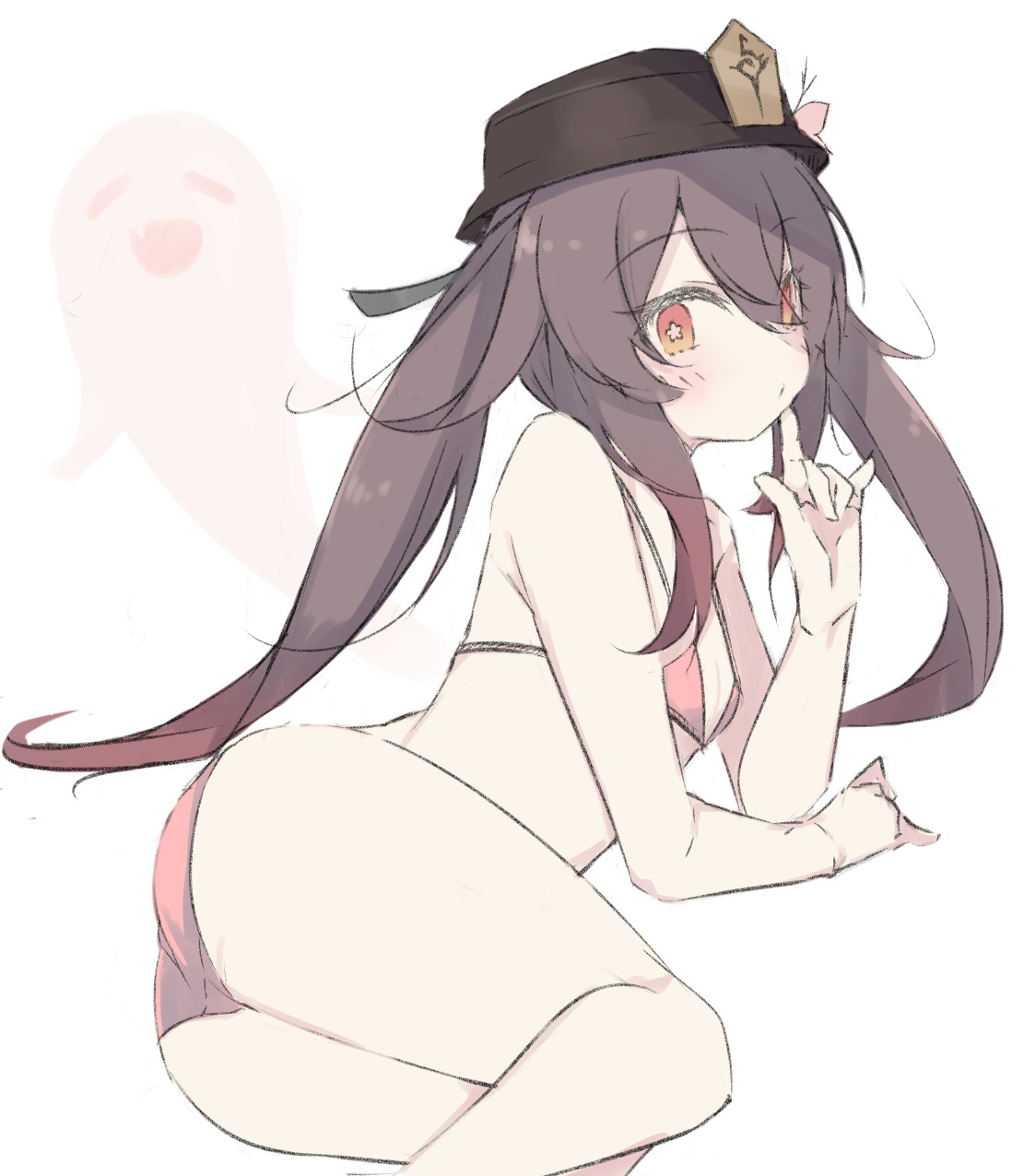 1girls, adult, ass, bikini, blush, breasts, brown hair, female, flat chest, genshin impact, hu tao (genshin impact), mym ko, nipple bulge, red eyes, small breasts, swimsuit, thick ass, twintails