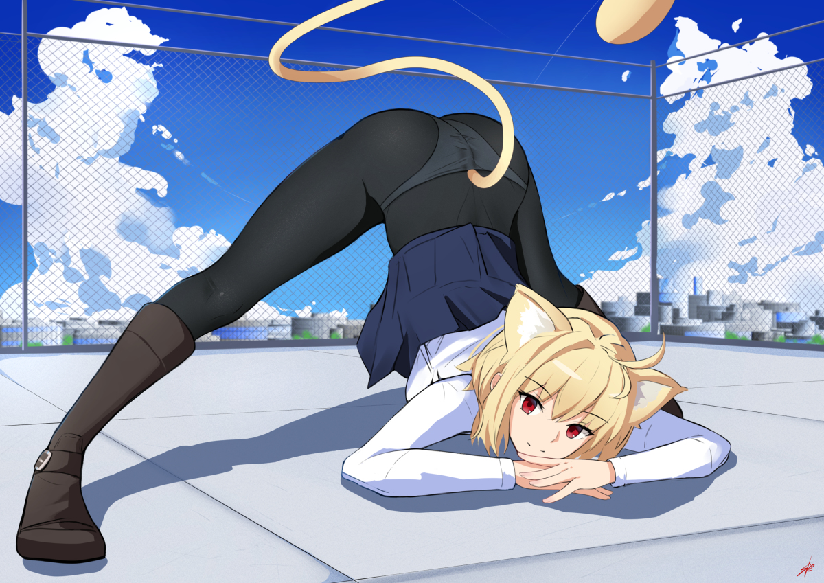 animal ears, arcueid brunestud, ass, ass up, blonde hair, boots, cat ears, cat tail, female, female only, isetnation, jack-o pose, looking at viewer, melty blood, meme, outside, panties, panties under pantyhose, panties visible through clothing, pantyhose, red eyes, skirt, skirt up, solo, tail, top-down bottom-up, tsukihime, type-moon, white panties
