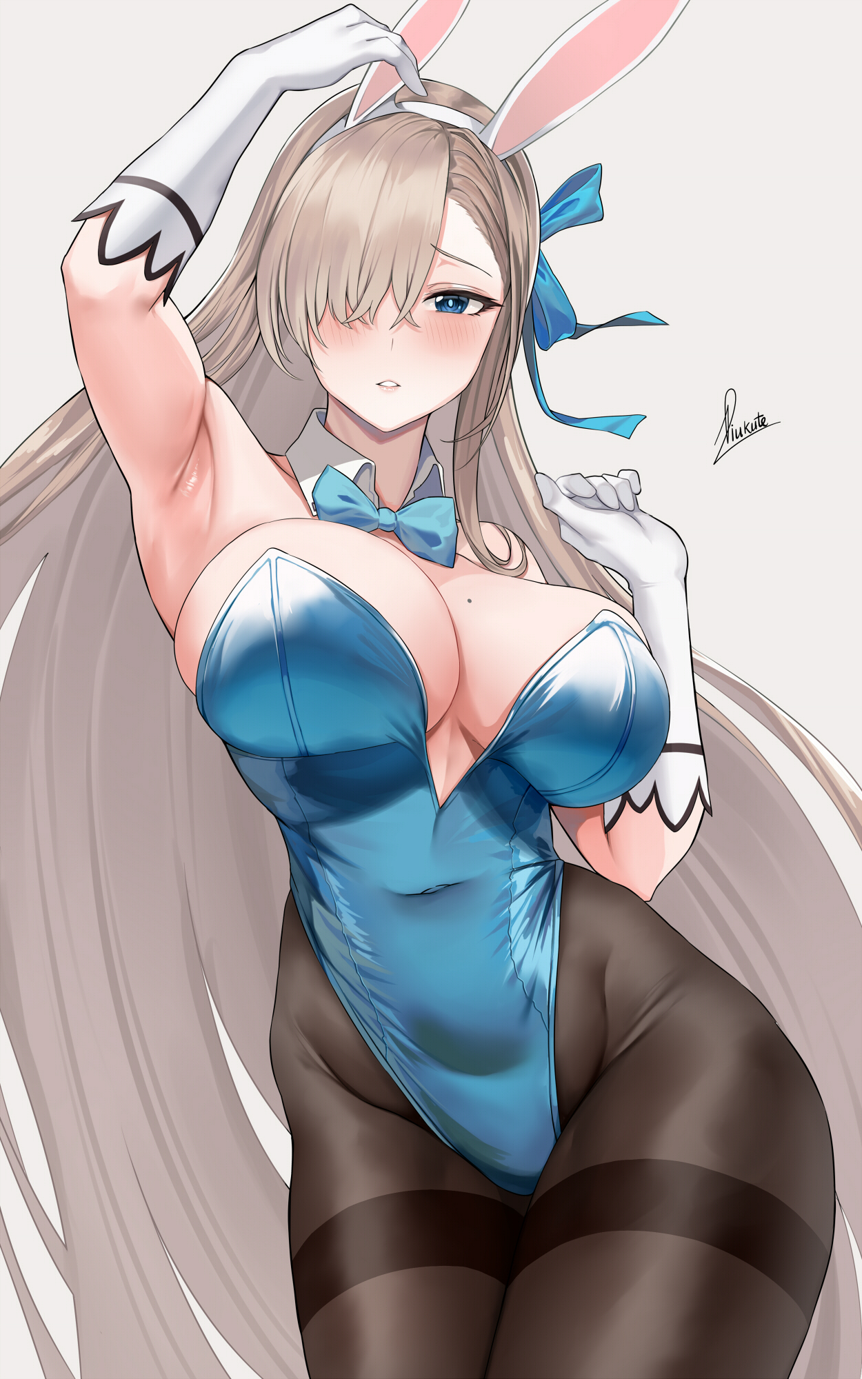 1girls, 2021, artist signature, asuna (blue archive), asuna (bunny) (blue archive), beauty mark, blonde hair, blue archive, blue eyes, blue leotard, blue ribbon, blush, bowtie, breasts, bunny ears, bunny girl, bunnysuit, cleavage, detached collar, female, female focus, female only, hair over one eye, hi res, highleg leotard, hips, huge breasts, leotard, long hair, looking at viewer, millennium science school student, mole on breast, piukute062, ribbon, ribbon in hair, sheer legwear, slim waist, thick thighs, thighs, tights, white background, white gloves, wide hips