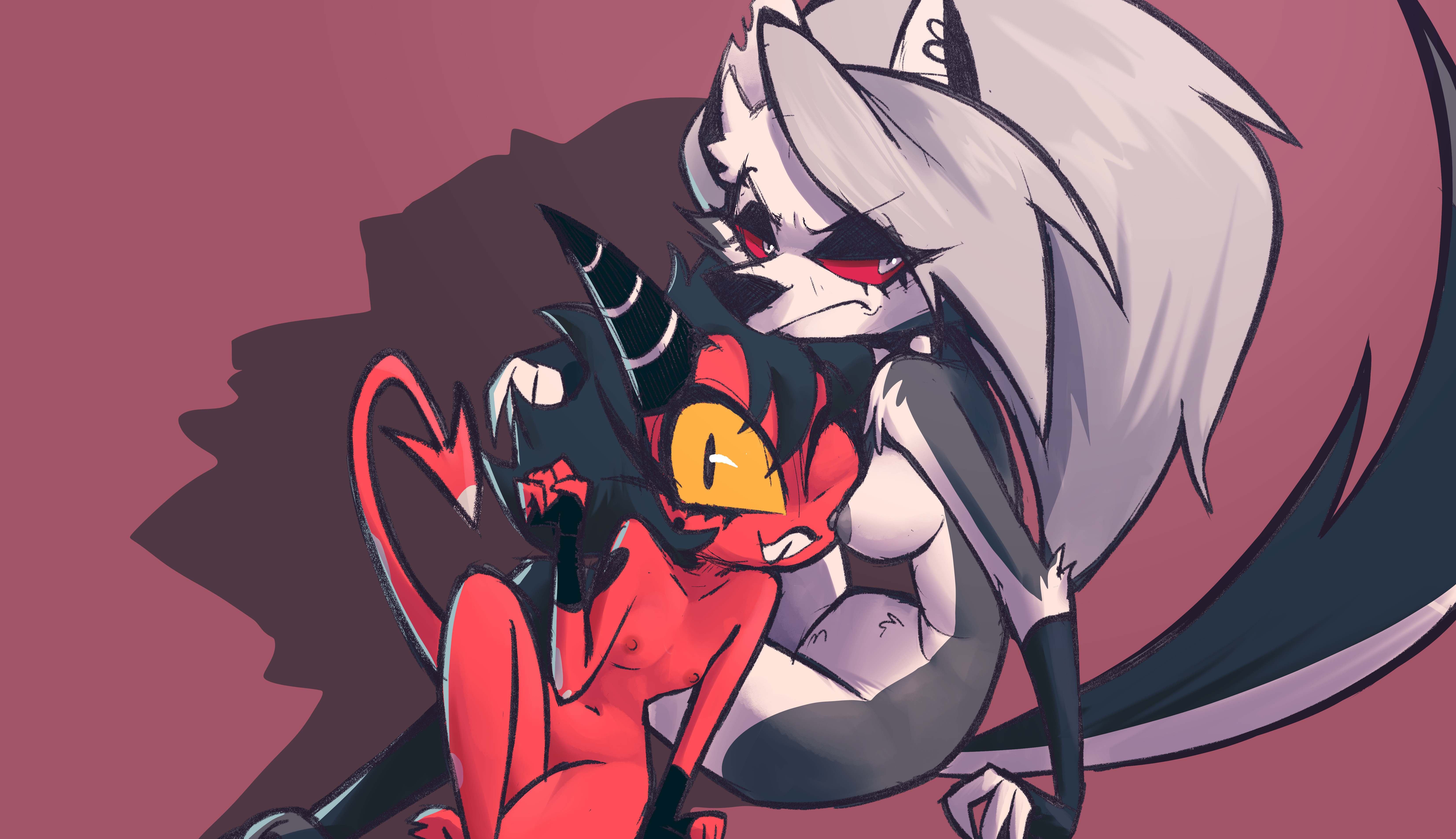 anthro, black fur, black hair, breasts, canid, canine, claws, coolerinker, demon, female, female only, flat chest, flat chested, fluffy, fluffy tail, gloves, grey hair, hair, helluva boss, horns, humanoid, imp, inker comics, inkershike, loona (helluva boss), millie (helluva boss), nipples, one eye closed, open mouth, open smile, red body, red eyes, simple background, smile, tail, teeth, two-tone fur, white fur