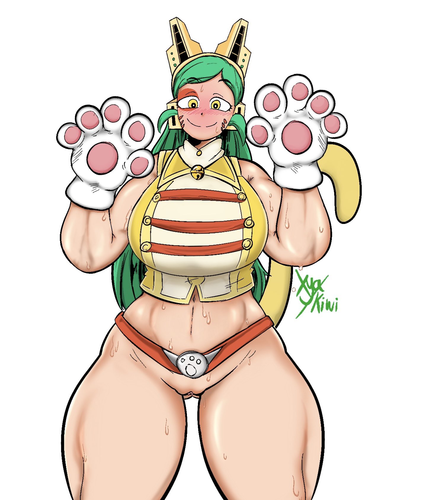 big breasts, blush, bottomless, breasts, cat ears, cat paws, cat tail, curvy, female, green hair, headwear, huge breasts, midriff, milf, muscular, muscular female, my hero academia, pussy, pussy juice, ragdoll (my hero academia), sleeveless, sleeveless shirt, smile, smug, sweat, sweatdrop, thick thighs, thunder thighs, tomoko shiretoko, voluptuous, wide hips, xyakiwi, yellow eyes