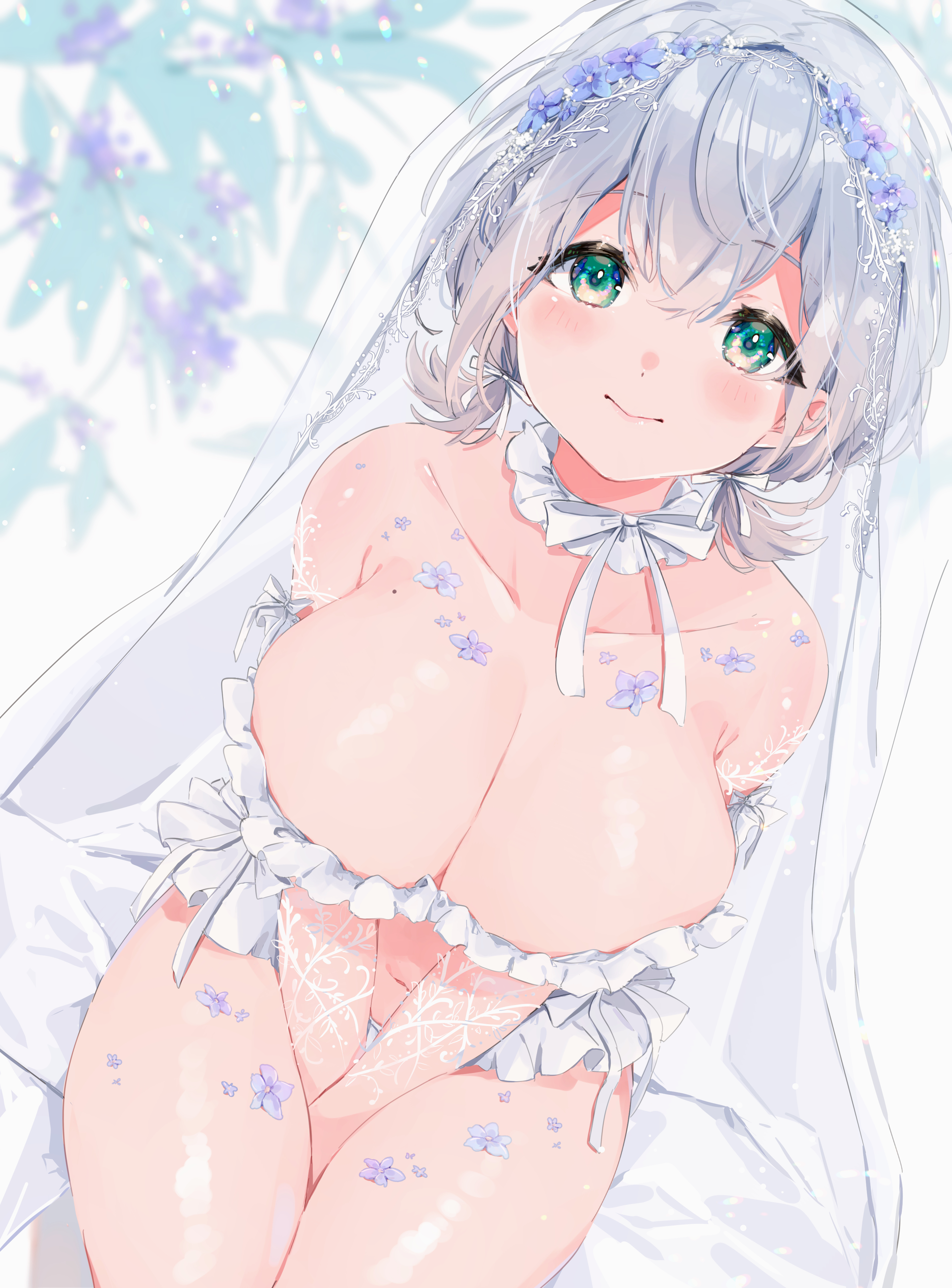 1girls, artist request, big breasts, blush, breasts, choker, cleavage, cleavage overflow, eyebrows visible through hair, female, green eyes, hair ties, hololive, hololive fantasy, hololive japan, large breasts, mole on breast, shirogane noel, short hair, silver hair, smile, veil, virtual youtuber, wedding dress, wedding veil