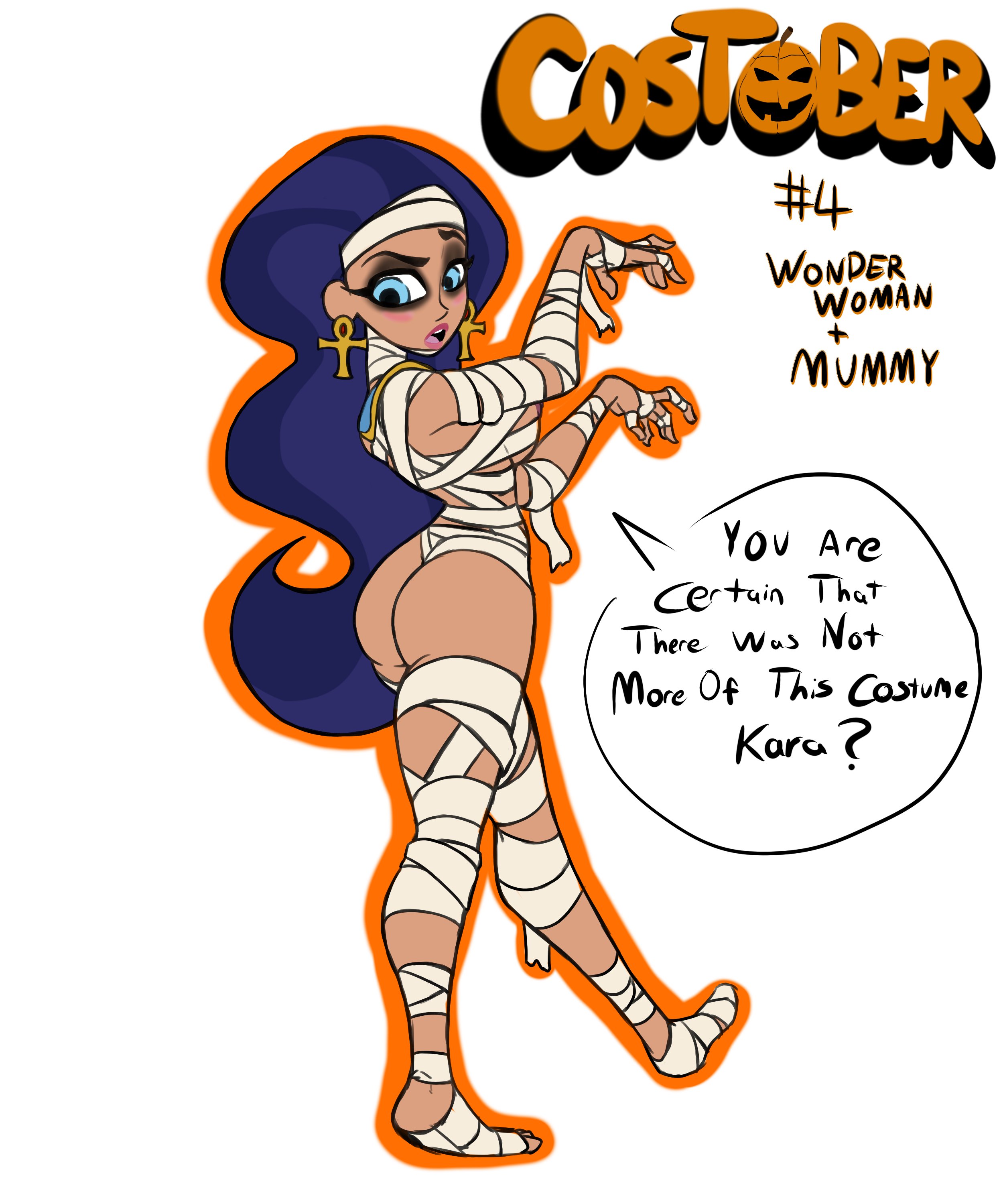 1girls, ass, big ass, dark skin, dark-skinned female, dc, dc comics, dc super hero girls, diana prince, female, female only, halloween, halloween costume, looking at viewer, mummy, mummy costume, nipple slip, rear view, slashysmiley, solo, speech bubble, wonder woman, wonder woman (series)