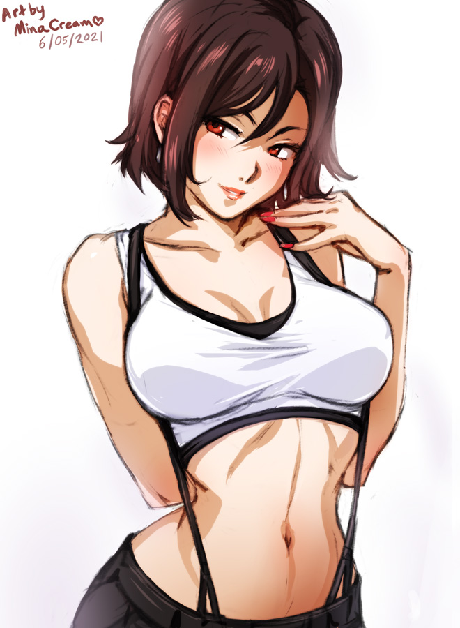 1girls, alternate hair length, alternate hairstyle, bare midriff, breasts, brown hair, brown-haired female, earrings, female, final fantasy, final fantasy vii, fully clothed, medium breasts, midriff, minacream, nail polish, red eyes, red nails, short hair, smile, solo, suspenders, tank top, tifa lockhart