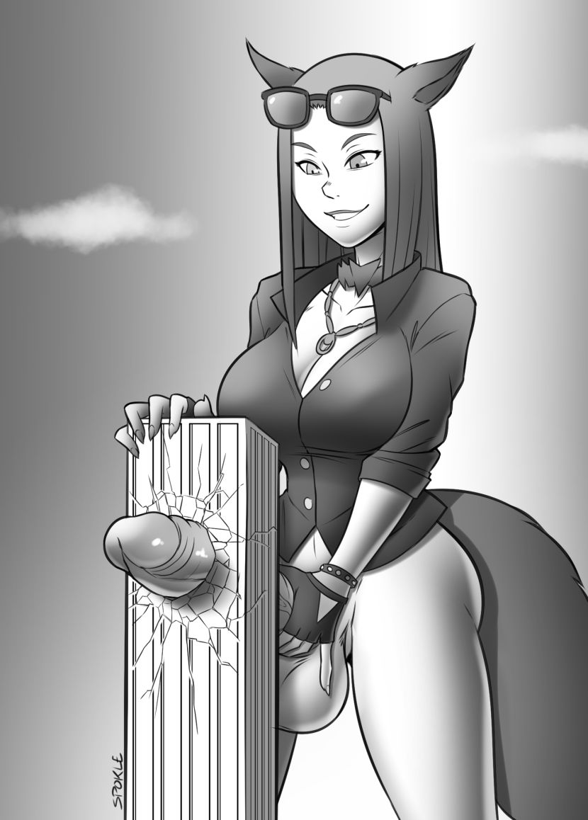 1futa, animal ears, balls, breasts, building, building penetration, building sex, destruction, erect nipples, erect penis, futa giantess, futa only, futanari, giant futa, giantess, huge balls, huge cock, intersex, light skin, light-skinned futa, macro futa, monochrome, nipples, partially clothed, penis, solo, spokle, sunglasses on head, tail, testicles