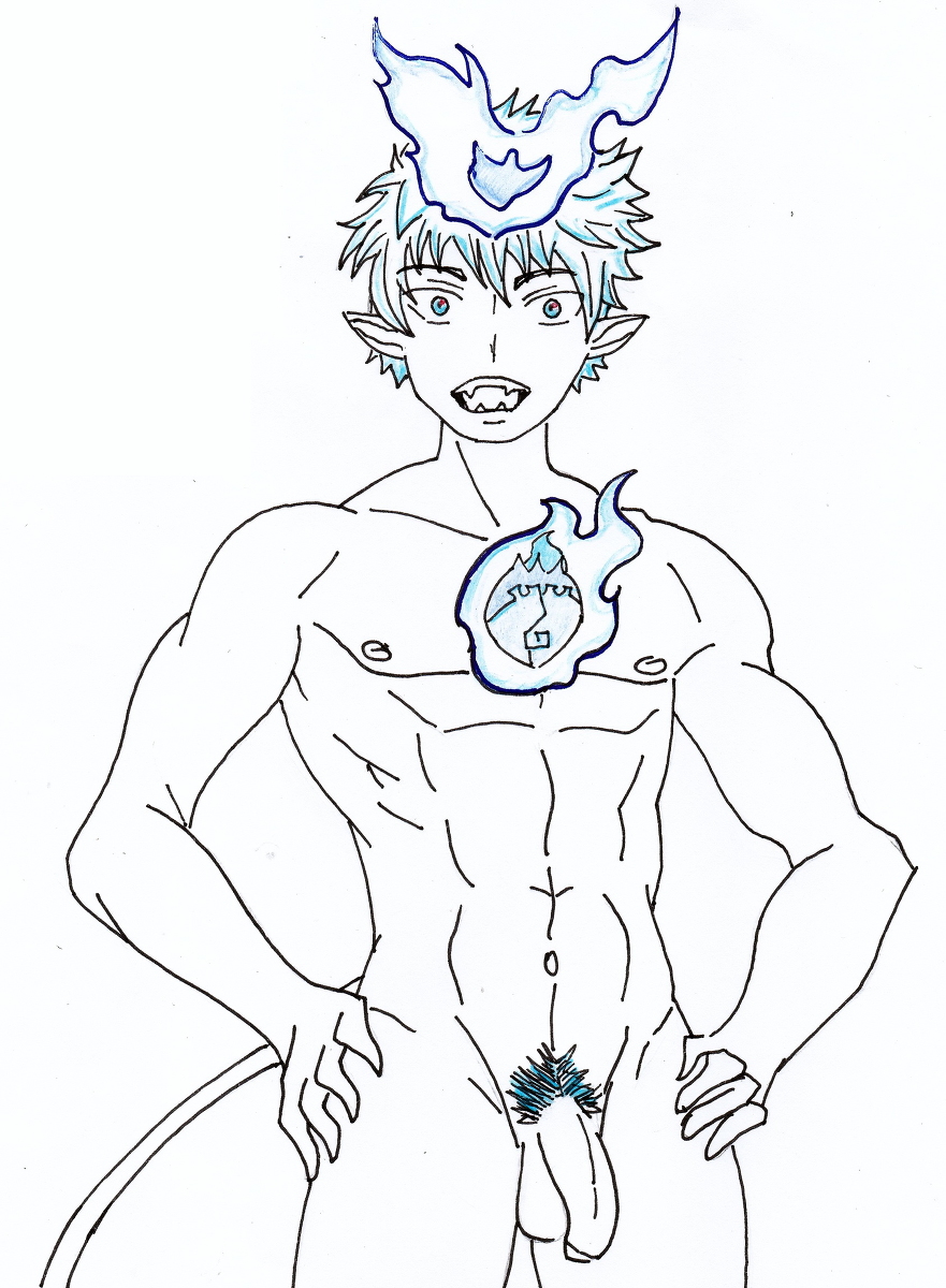 3/4_view abs ao_no_exorcist athletic_male balls bara bara_tits belly_button blue_eyes blue_fire blue_hair cock demon demon_boy demon_tail dick exorcist fangs fingers hands_on_hips latin_tamer line_art muscular_male naked nipples nude nude_male okumura_rin penis penis_out penis_vein pointy_ears portrait pubic_hair shaved_balls six_pack sketch solo_male surprised_expression teenage_boy teenager testicles uncensored uncircumcised uncut