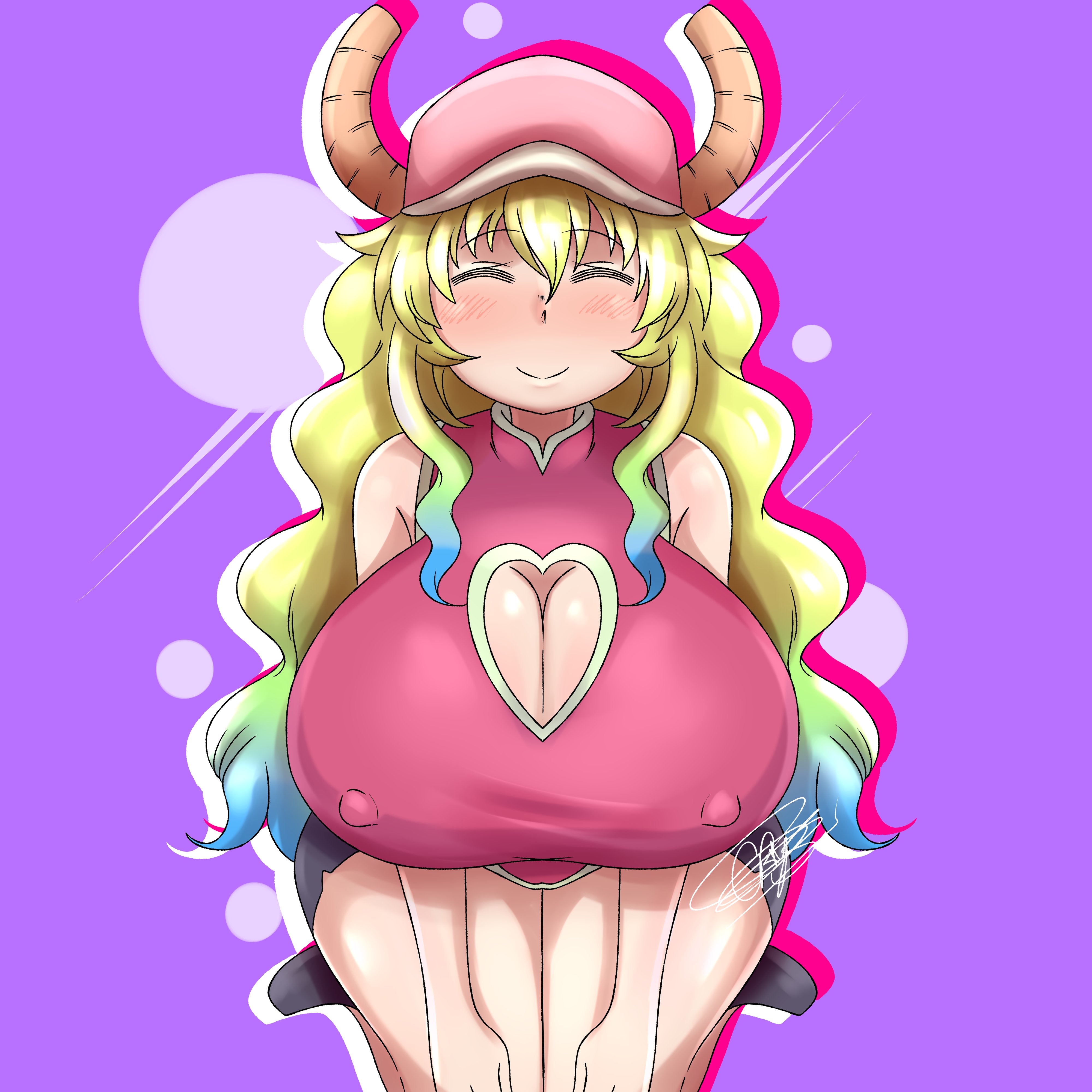 1girls, big breasts, blonde hair, blue hair, blush, breasts, cleavage, cleavage cutout, closed eyes, clothing, crysnickel, dragon, dragon girl, erect nipples, erect nipples under clothes, eyebrows visible through hair, female, female only, gradient hair, green hair, hands on knees, hat, horns, huge breasts, large breasts, long hair, looking at viewer, miss kobayashi's dragon maid, multicolored hair, nipple bulge, nipples, on knees, quetzalcoatl (dragon maid), sidelocks, smile, solo, solo female, very long hair, yellow hair