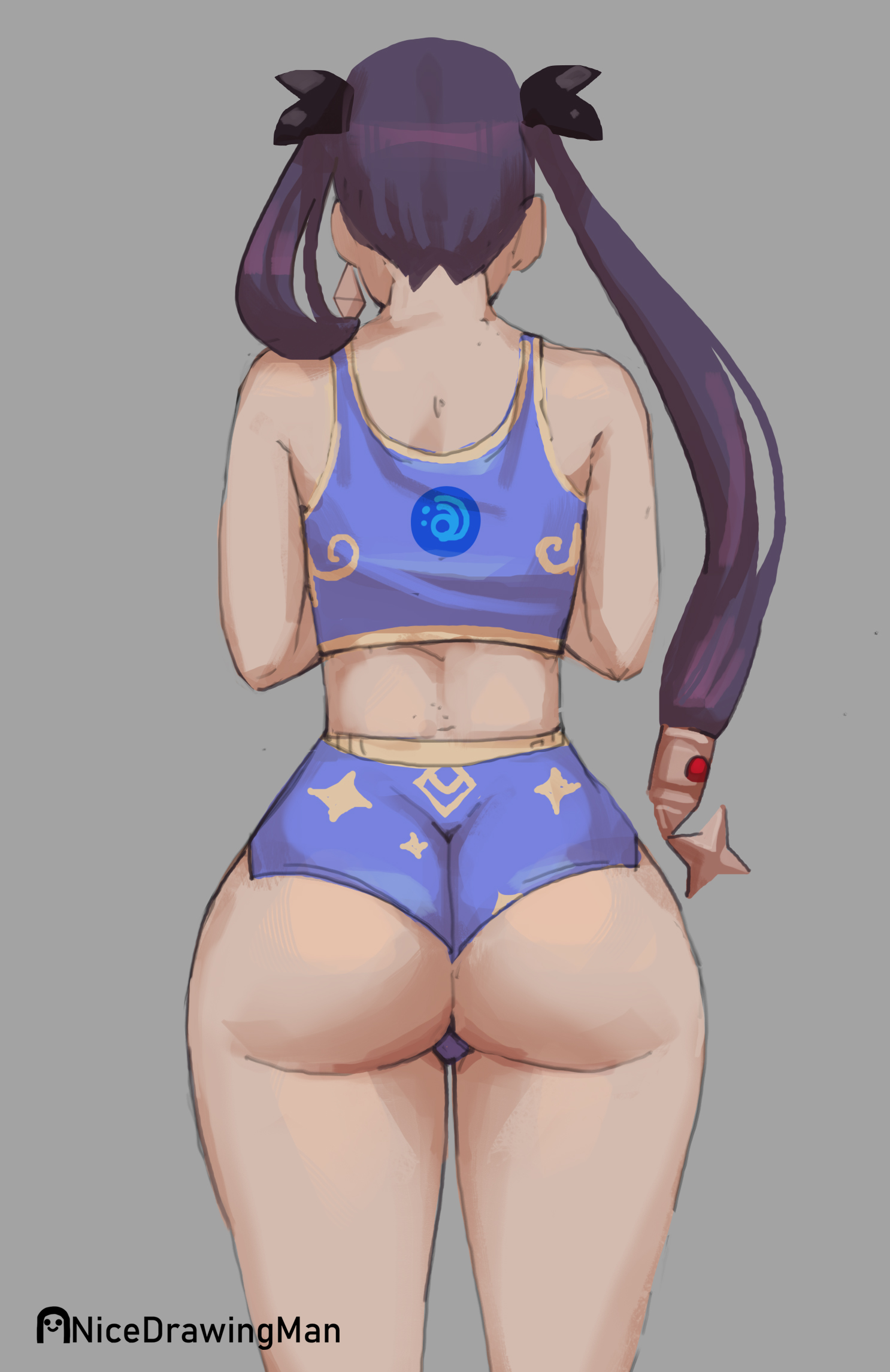 1girls, ass, female, genshin impact, grey background, mona (genshin impact), nicedrawingman, purple hair, solo, standing, thick thighs, thighs, twintails