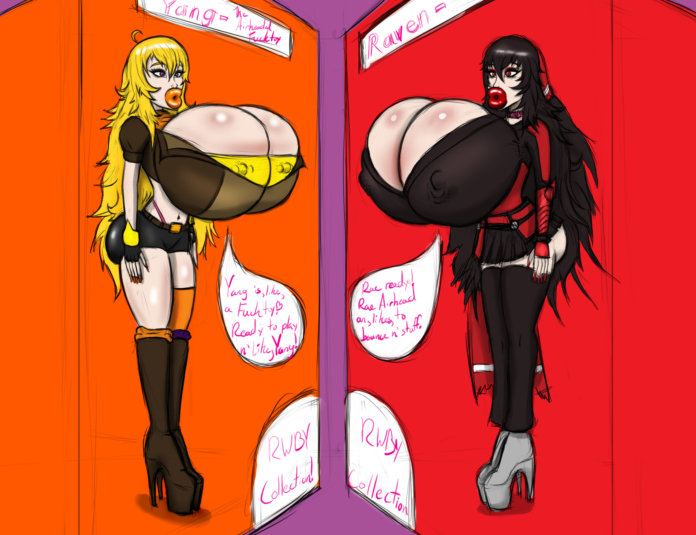2girls, big lips, bimbo, bimbofication, boots, bradtanker3, breast expansion, breast growth, breast growth (enlargement), breasts, female, high heel boots, high heels, huge breasts, hyper bimbo, platform heels, raven branwen, rwby, transformation, yang xiao long