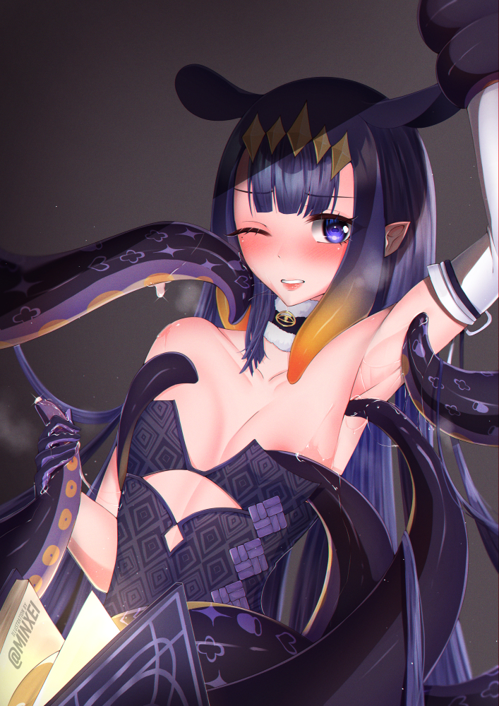 1girls areola areola_slip areolae armpits arms_up armwear blue_eyes blush blushing_at_viewer book choker collarbone diadem eyebrows_visible_through_hair female female_focus female_only flat_chest flat_chested gloves grey_background highres hololive hololive_english hololive_myth imminent_rape imminent_sex juices light-skinned_female light_skin long_hair looking_at_viewer multicolored_hair ninomae_ina'nis one_eye_closed orange_hair pale-skinned_female pale_skin pointy_ears purple_hair questionable_consent selfcest small_breasts tentacle_in_nipple tentacle_on_armpit tentacle_on_breast tentacle_on_face tiara very_high_resolution very_long_hair virtual_youtuber