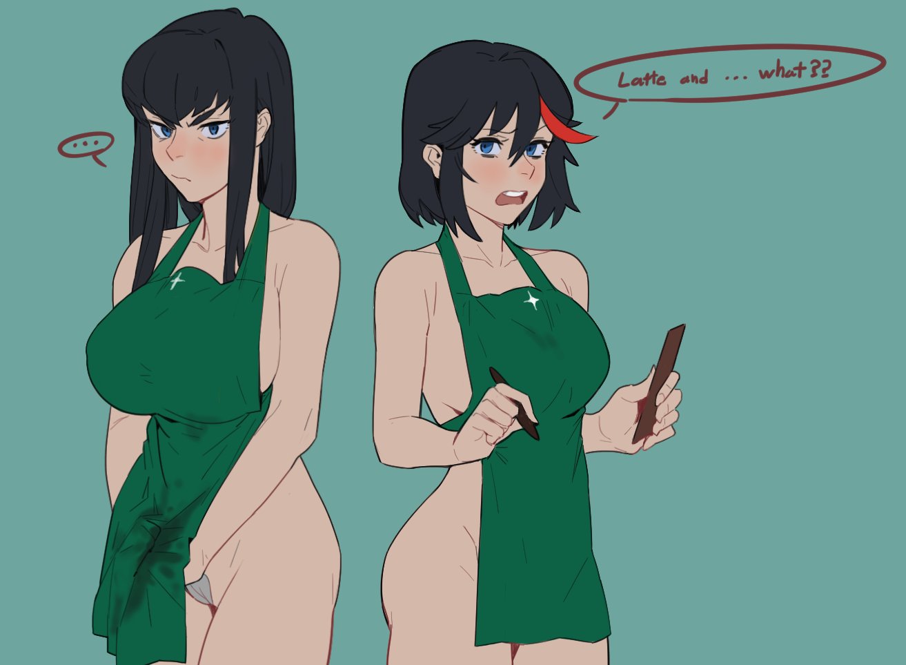 2girls apron black_hair blue_eyes blush cameltoe casual english_text female flat_colors hirundo_rustica human iced_latte_with_breast_milk kill_la_kill kiryuuin_satsuki large_breasts looking_at_viewer matoi_ryuuko meme multiple_girls naked_apron outerwear pale_skin sideboob simple_background sisters standing starbucks wet_apron wet_clothes