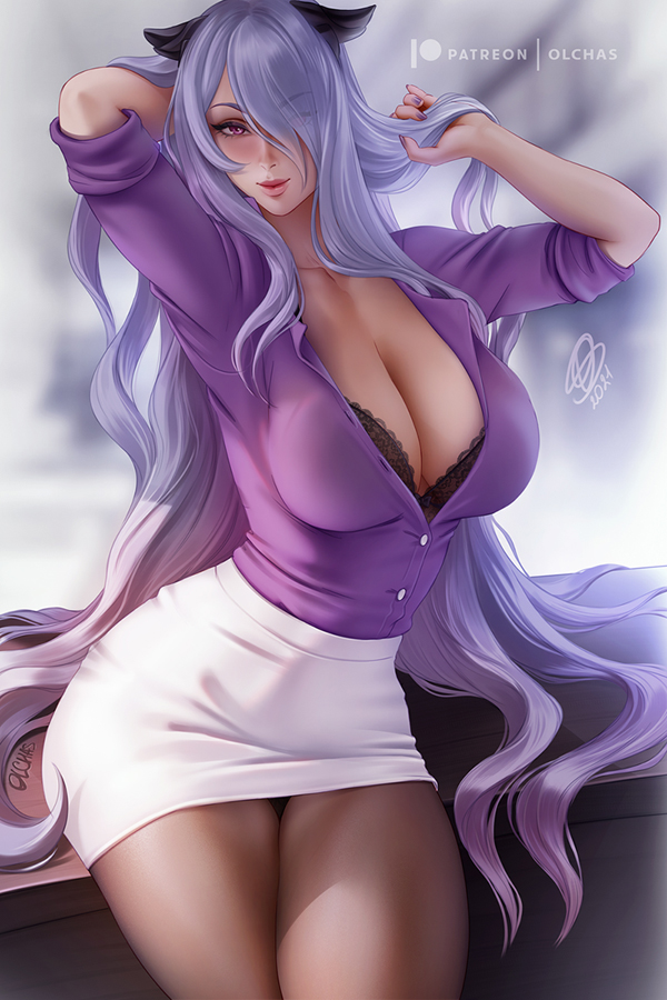 1girls alternate_costume artist_name artist_signature black_bra blouse bra breasts camilla_(fire_emblem) cleavage collarbone desk female female_only fire_emblem fire_emblem_fates hair_over_one_eye hand_in_own_hair horns large_breasts long_hair looking_at_viewer nail_polish nintendo office_lady olchas on_table pantyhose patreon_logo patreon_username pencil_skirt purple_blouse purple_eyes purple_hair purple_nails realistic shirt_tucked_in sitting sitting_on_desk skirt solo thick_thighs unbuttoned_shirt very_long_hair white_skirt