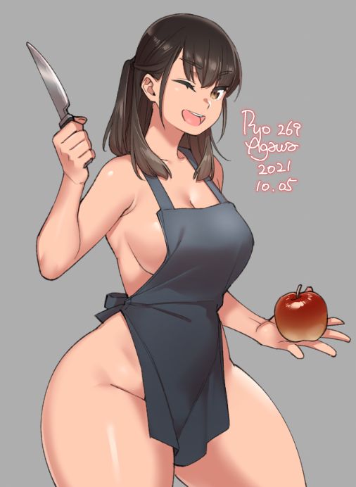 1girls, apron, apron only, big breasts, breasts, female, female only, large breasts, ryo agawa, solo