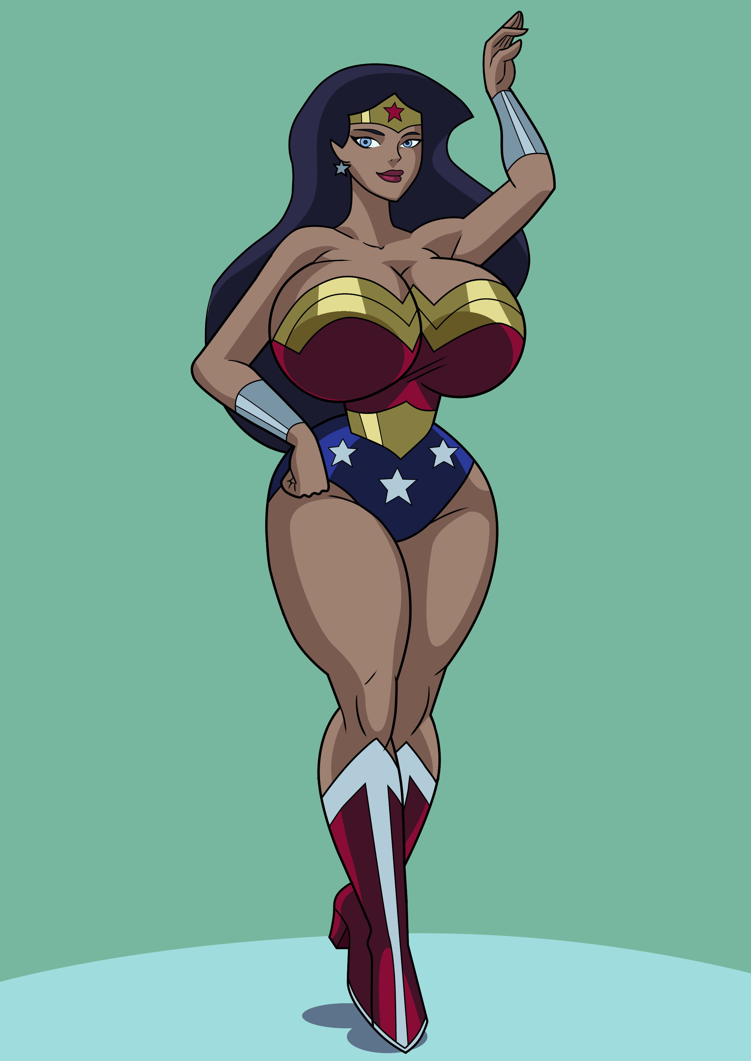 1girls, art-2u, big breasts, black hair, blue eyes, boots, breasts, cleavage, curvy, dc, dc comics, dcau, female, female only, giant breasts, hourglass figure, huge breasts, justice league, slim waist, solo, thick thighs, voluptuous, wide hips, wonder woman, wonder woman (series)