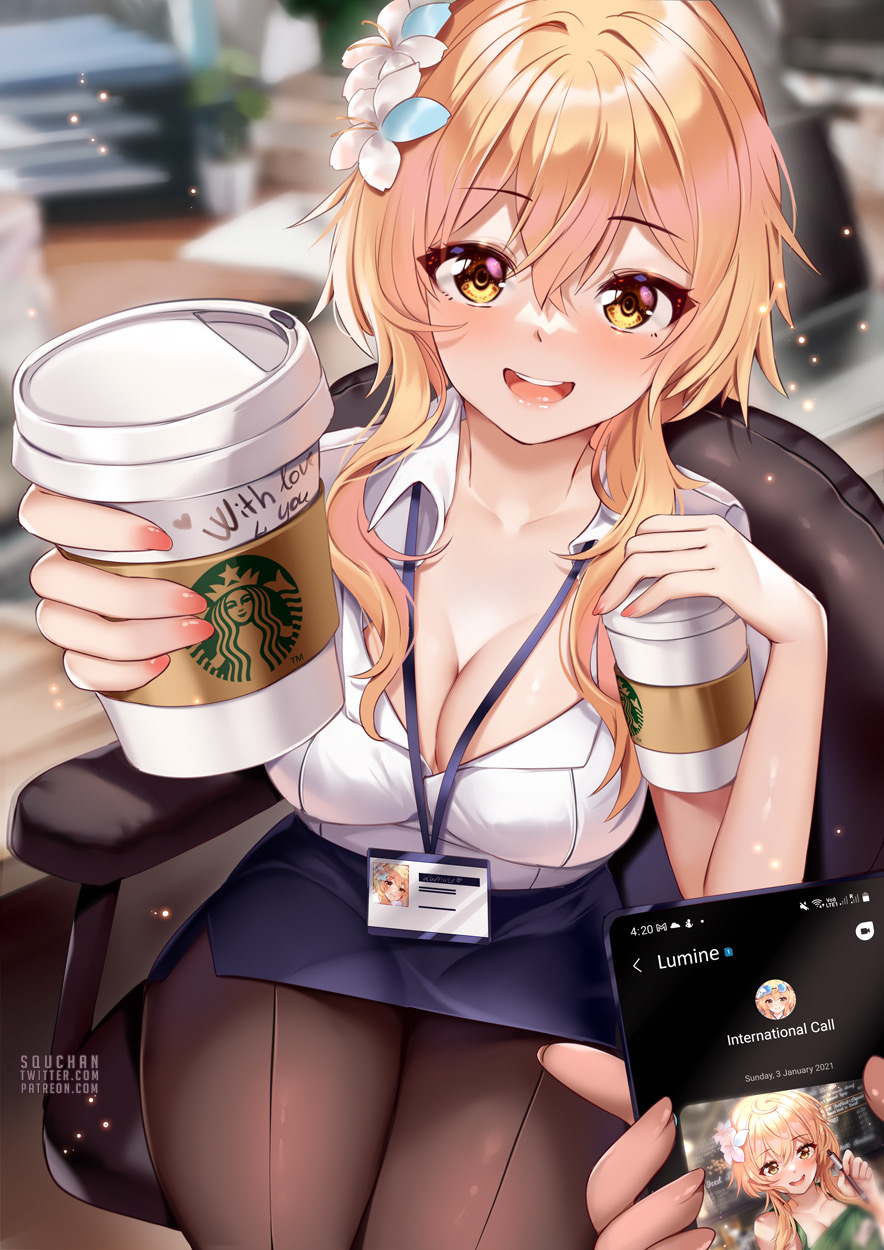 1girls, big breasts, black stockings, blonde, blonde hair, blush, breasts, busty, cleavage, coffee, english text, female, flower in hair, genshin impact, id card, lanyard, lumine (genshin impact), miniskirt, name tag, nametag, neckwear, open clothes, open shirt, painted nails, phone, short hair, sitting, skirt, squchan, starbucks, thick thighs, thighs, tight clothing, tights, yellow eyes, yellow hair