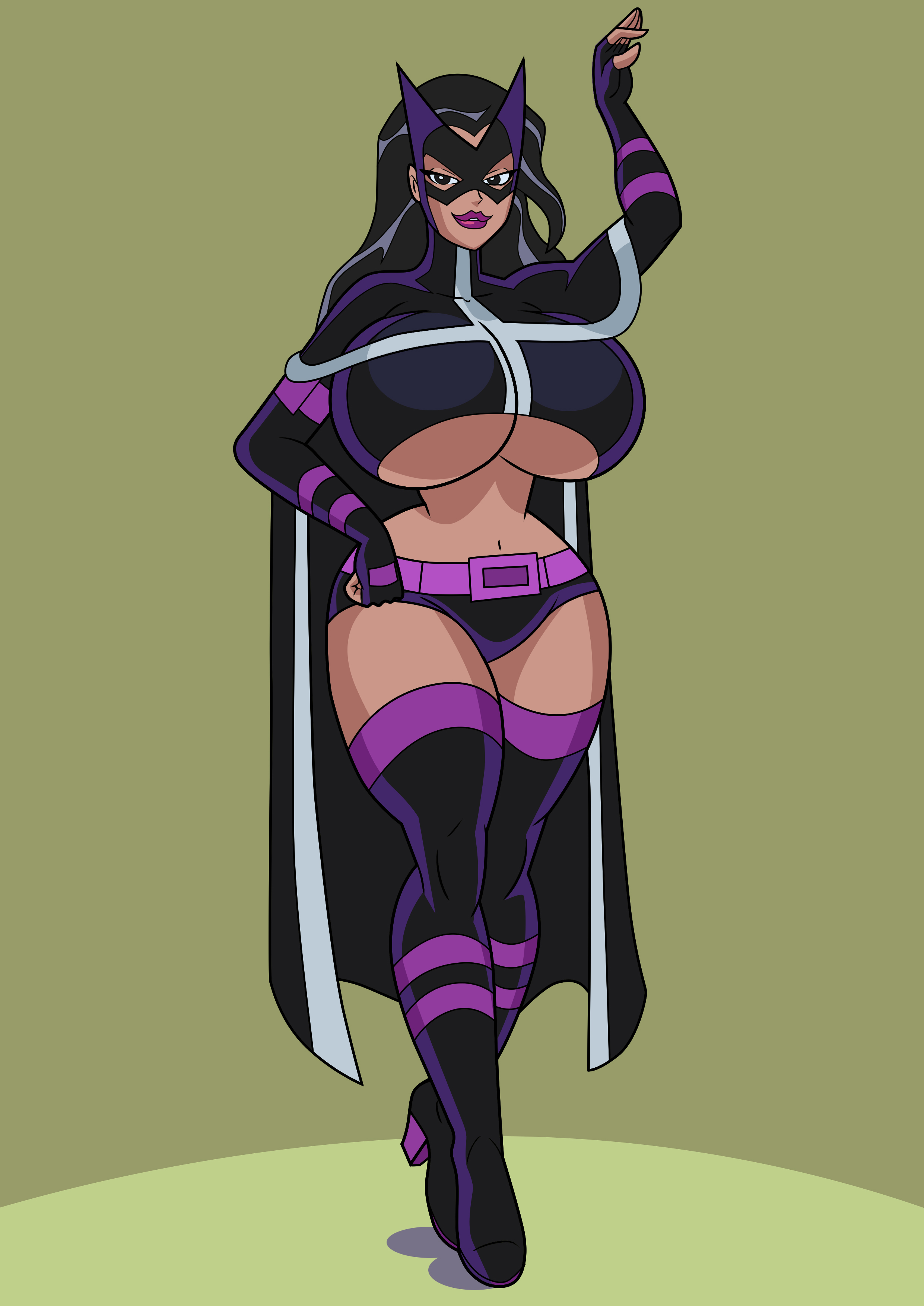 1girls, art-2u, ass, big ass, big breasts, black hair, breasts, breasts bigger than head, cape, cleavage, curvy, dc, dc comics, dcau, female, heels, helena bertinelli, high heels, hourglass figure, huge breasts, huntress (dc), lipstick, mask, navel, red lipstick, revealing clothes, seductive, seductive look, seductive smile, slim waist, smile, solo, strutting, superheroine, thick thighs, underboob, very small waist