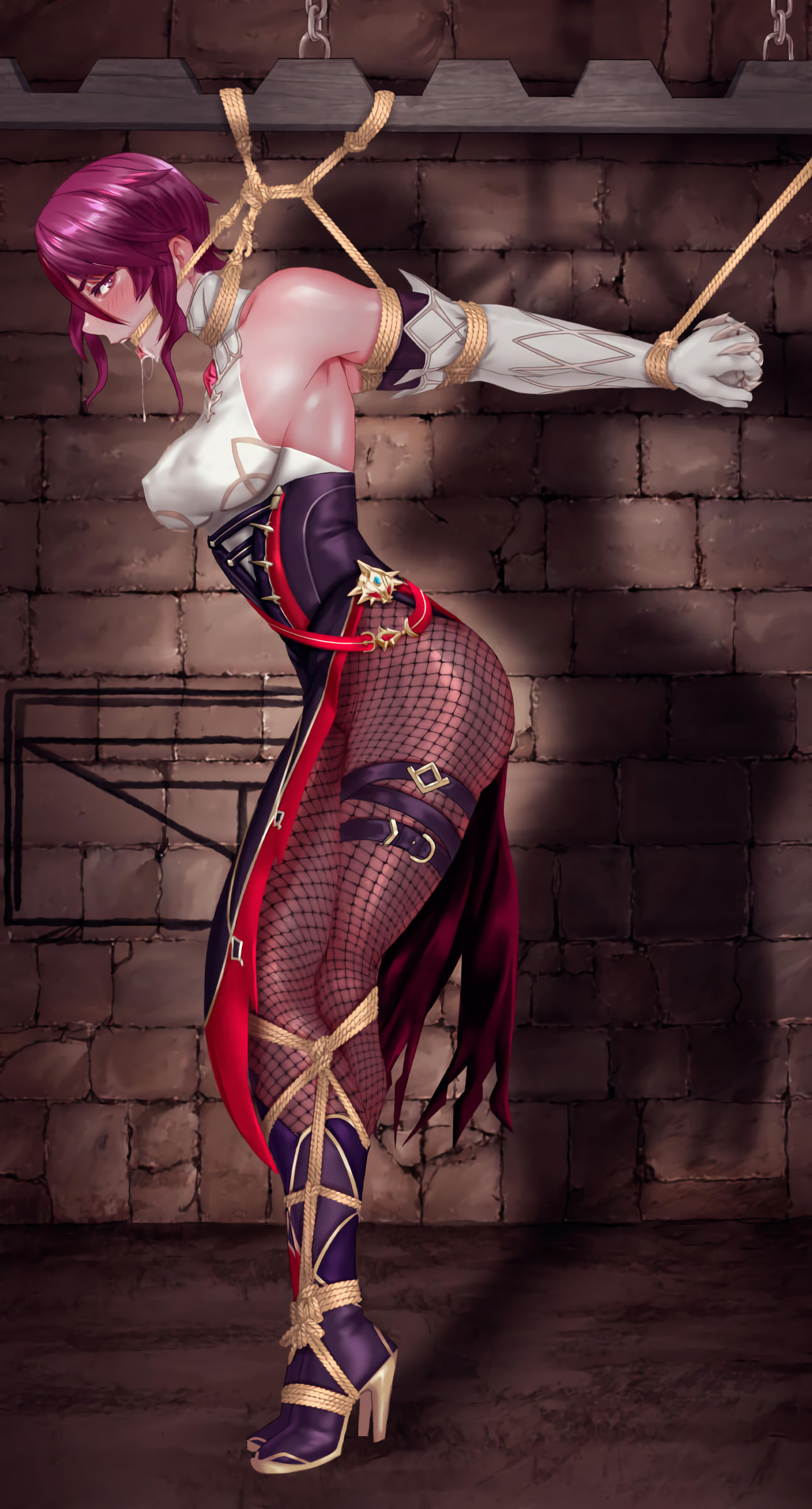 1girls, armpits, asphyxiation, blush, bondage, bound, brick wall, clothed, clothing, corset, drooling, erect nipples, erection under clothes, female, fishnets, gag, gagged, genshin impact, gloves, hands behind back, high heel boots, high heels, nipples, pantyhose, pokies, purple hair, reversetension, rope, rope bondage, rosaria (genshin impact), shadow, strangling