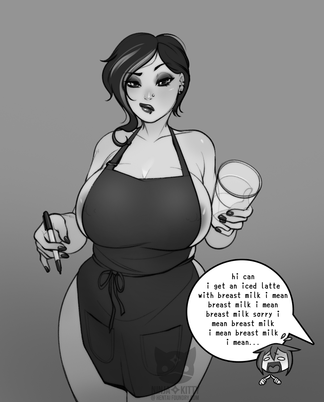 1girls, apron, apron only, areola slip, breasts, cleavage, female, female only, huge breasts, iced latte with breast milk, looking at viewer, meme, milk, monochrome, naked apron, ninjakitty, solo