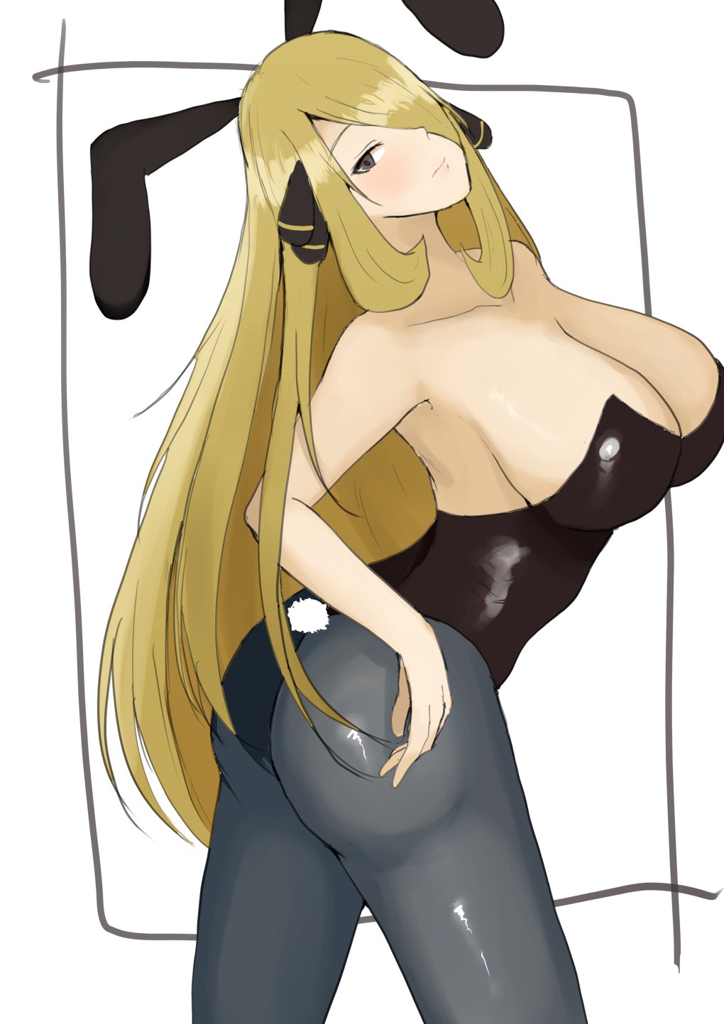 1girls 2021 alternate_breast_size ass blonde_hair blush breasts bunny_ears bunnysuit cynthia_(pokemon) feet_out_of_frame female female_only grey_eyes hair_ornament hair_over_one_eye huge_breasts long_hair looking_at_viewer nintendo pokemon pokemon_dppt shiny_skin simple_background solo tatsu_(user_rjes8545)