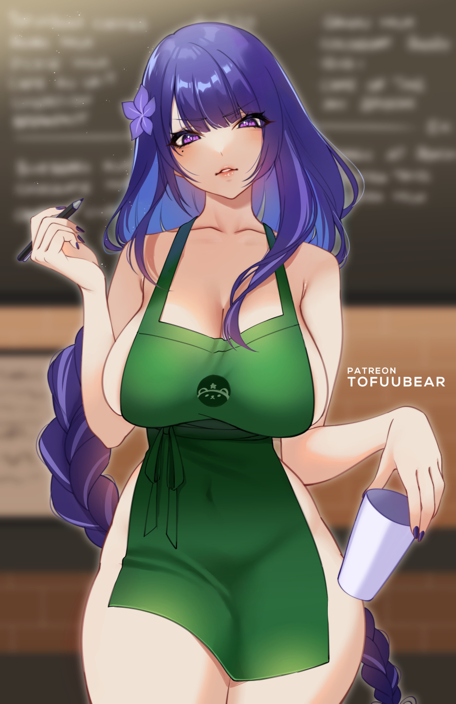 1girls, apron, braid, braided hair, breasts, female, female only, flower in hair, genshin impact, iced latte with breast milk, large breasts, looking at viewer, meme, purple eyes, purple hair, purple nails, raiden shogun, solo, starbucks, tofuubear, very long hair, wide hips
