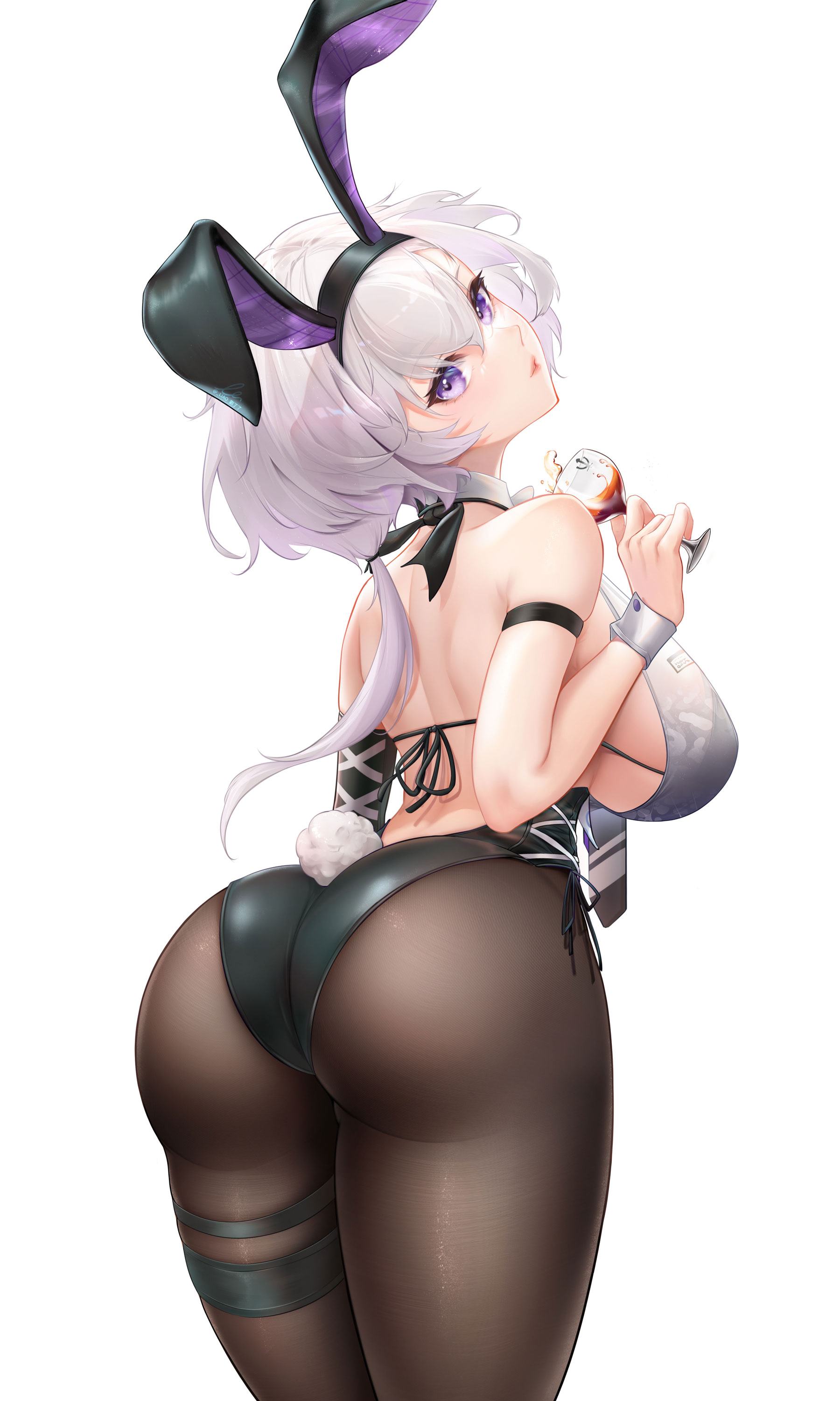 1girls, 2021, absurdres, alternate version available, animal ears, arm strap, ass, azur lane, back, bangs, bare shoulders, black leotard, bra strap, breasts, brown legwear, cowboy shot, cup, drinking glass, eyebrows visible through hair, fake animal ears, female, female focus, female only, from behind, hair between eyes, halter top, halterneck, highres, holding, holding cup, large breasts, leotard, light skin, light-skinned female, liu liaoliao, long hair, looking at viewer, looking back, official alternate costume, pantyhose, parted lips, playboy bunny, purple eyes, rabbit tail, reno (azur lane), reno (reno bunnino) (azur lane), simple background, solo, tail, thigh strap, white background, white hair, wrist cuffs