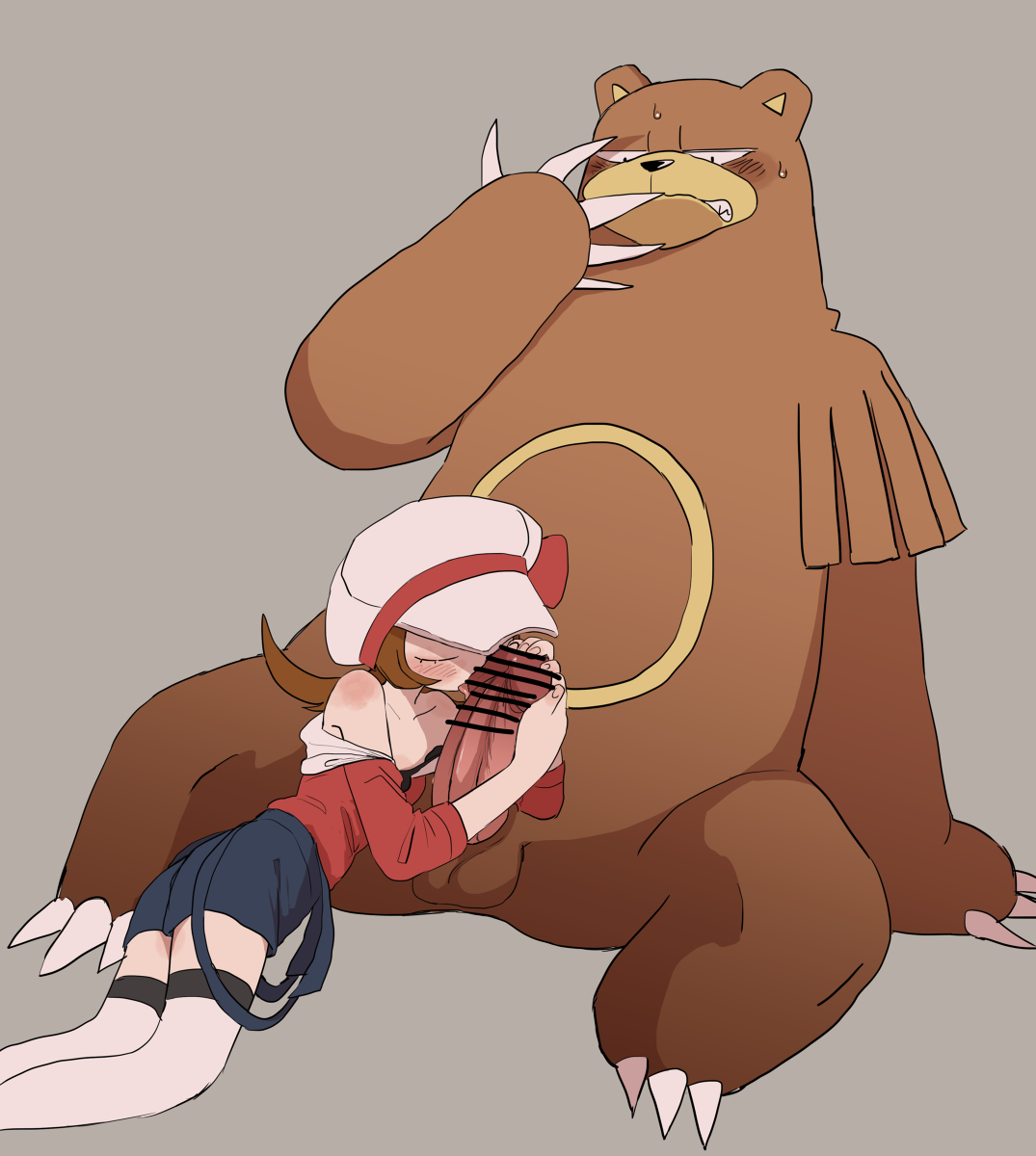 ass, balls, bar censor, bare shoulders, bigger male, blowjob, blush, brown body, brown hair, censored, censored penis, claws, closed eyes, clothed, clothed female, clothing, embarrassed, eyes closed, fellatio, female, female protagonist, grey background, hat, interspecies, licking, licking penis, lyra (pokemon), male, nintendo, oral, overalls, penis, penis lick, pokemon, pokemon (game), pokephilia, semi, she tikin, simple background, size difference, skinny, smaller female, teenager, thighhighs, ursaring