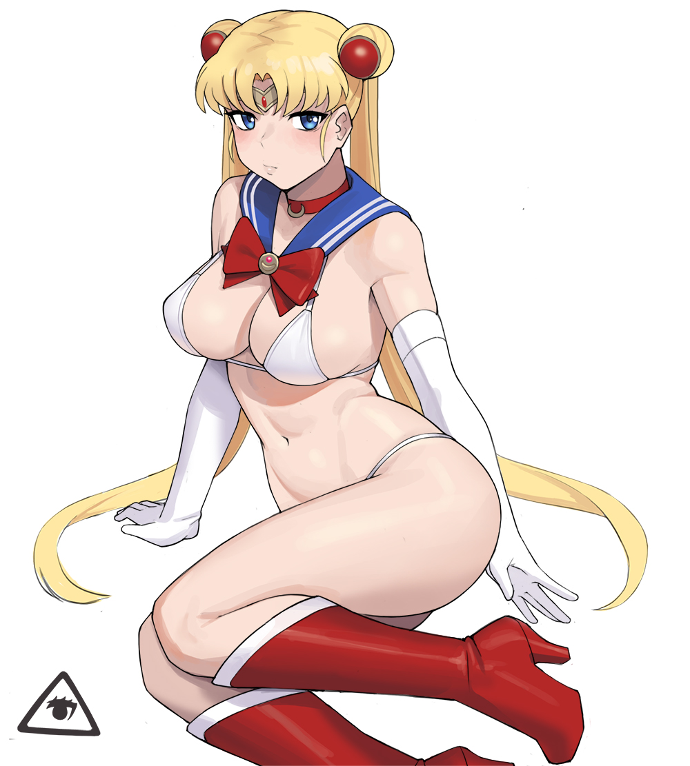 1girls, big breasts, bishoujo senshi sailor moon, blonde hair, blue eyes, boots, bra, breasts, cleavage, donburikazoku, female, female only, high heel boots, medium breasts, panties, revealing clothes, sailor moon, skimpy clothes, solo, thick thighs, thighs, thong, twintails, usagi tsukino, white background