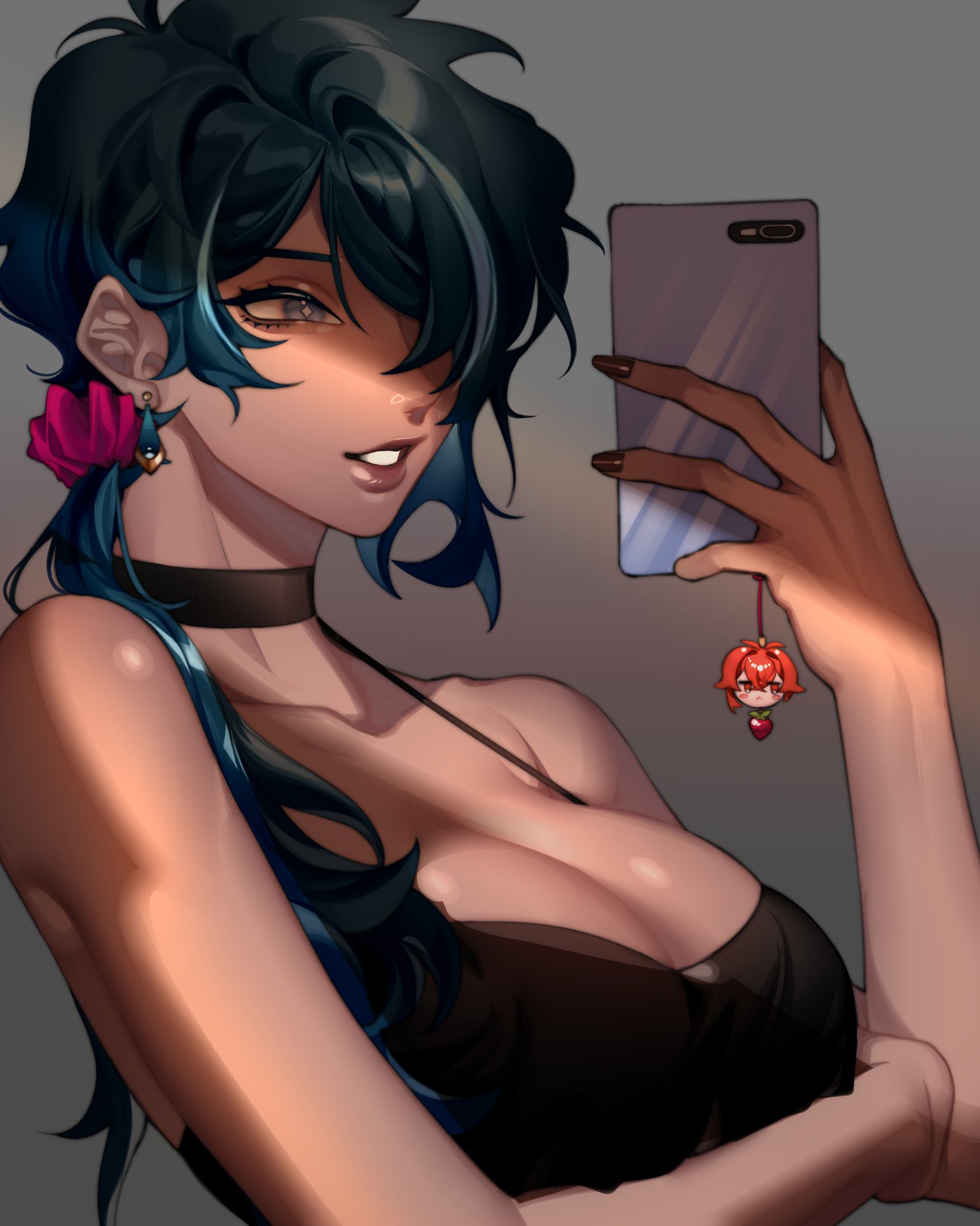 1girls, bare shoulders, big breasts, blue eyes, blue hair, breasts, choker, crop top, dark skin, dark-skinned female, earrings, female, female kaeya, genderswap, genderswap (mtf), genshin impact, holding object, holding phone, kaeya (genshin impact), keychain, mirror selfie, phone, revealing clothes, rule 63, scrunchie, selfie, totomopan
