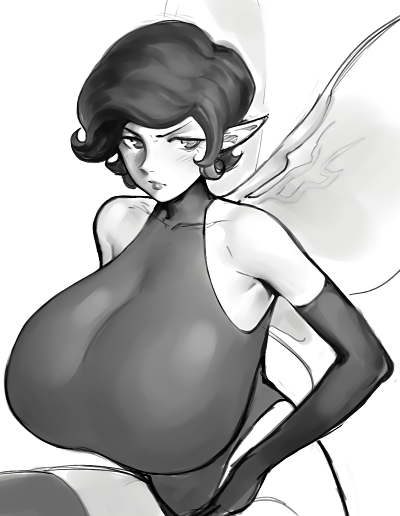 alternate_breast_size angry artist_request big_breasts black_and_white breasts_bigger_than_head fairy female megami_tensei monochrome pixie_(megami_tensei) shin_megami_tensei short_hair thick_thighs thighhighs unknown wings