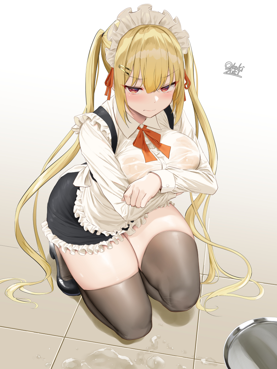 1girls, big breasts, blonde hair, blush, breasts, character request, female, humiliation, maid, maid headdress, maid uniform, oekakizuki, red eyes, see-through, see-through clothing, thick thighs, thighhighs, thighs, tsundere, twintails