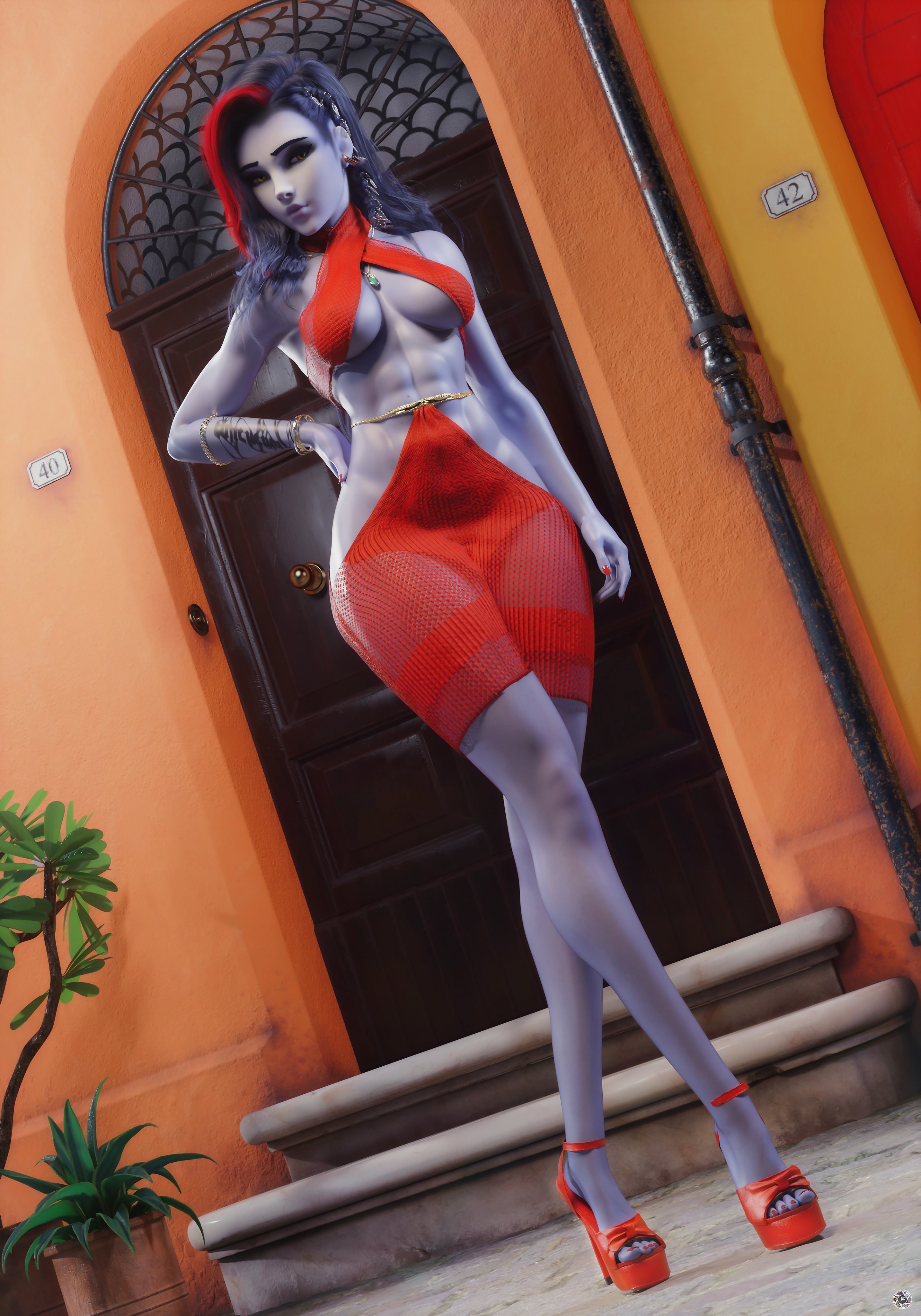 1girls, 3d, abs, dress, female, glowing eyes, heels, high heels, hourglass figure, long hair, miniskirt, nail polish, noahgraphicz, overwatch, pinup, platform heels, pose, red dress, red hair, red nail polish, red nails, short dress, skirt, solo, solo female, standing, widowmaker