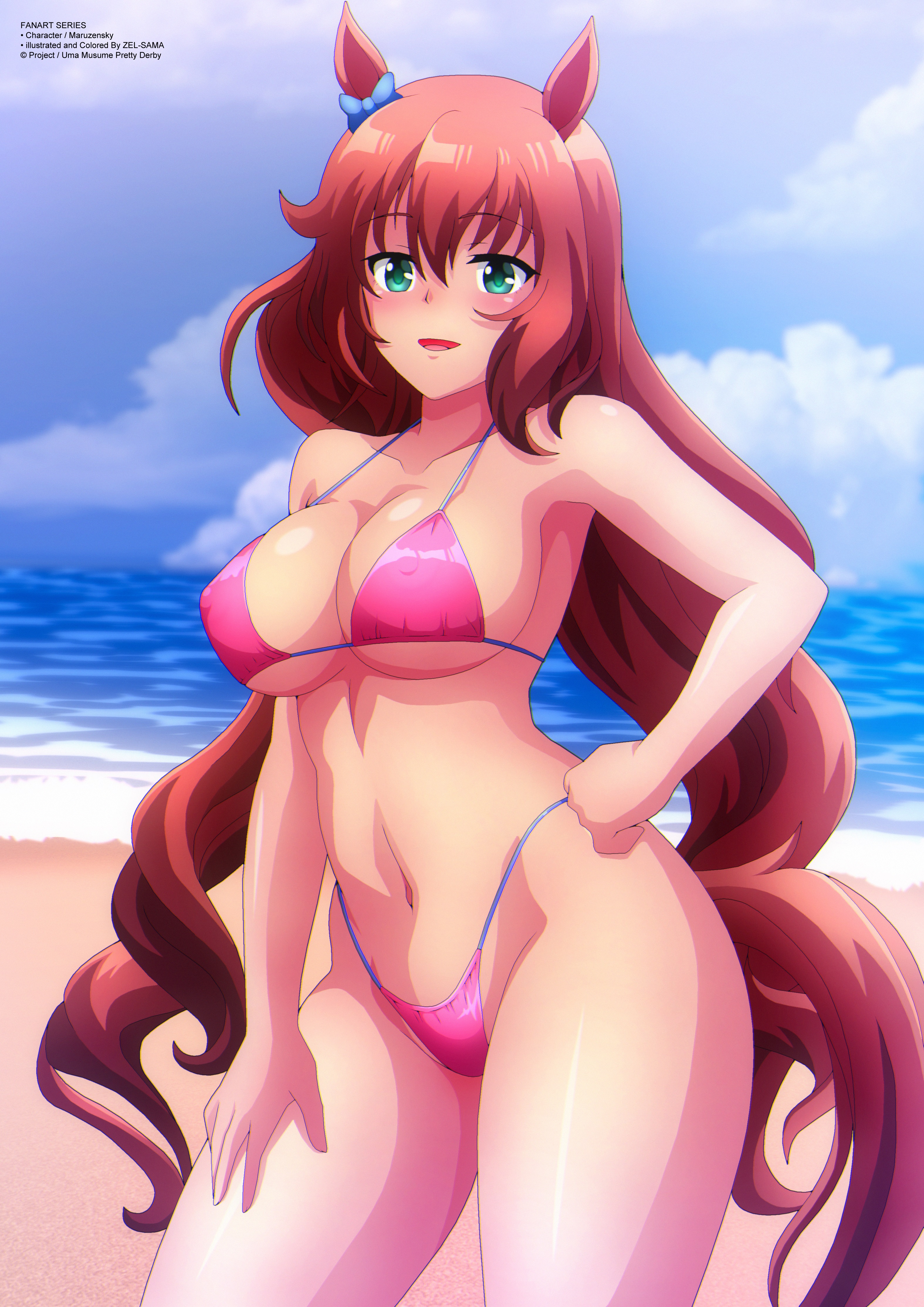 1girls, beach, bikini, breasts, female, long hair, looking at viewer, maruzensky (umamusume), nipples, red hair, smile, umamusume, zel-sama