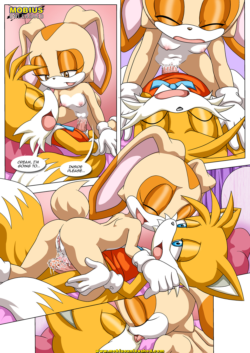 1boy, 1girls, anthro, anthro on anthro, bbmbbf, bed, breasts, clothed, clothed male, clothed male nude female, clothed sex, comic, cowgirl position, cream the rabbit, crossdressing, crossdressing male, cum, cum in pussy, cum inside, english text, female, female anthro, female on top, femboy, femboy on female, fox, french kiss, french kissing, girly, gloves, kissing, lagomorph, male, male anthro, male anthro/female anthro, male on bottom, male on female, male/female, mammal, miles prower, mobius unleashed, nipples, nude, nude female, palcomix, panties, panties aside, penis, pussy, rabbit, sega, sex, small breasts, socks, sonic (series), tails, tails the fox, tongue, tongue out, vaginal penetration, young