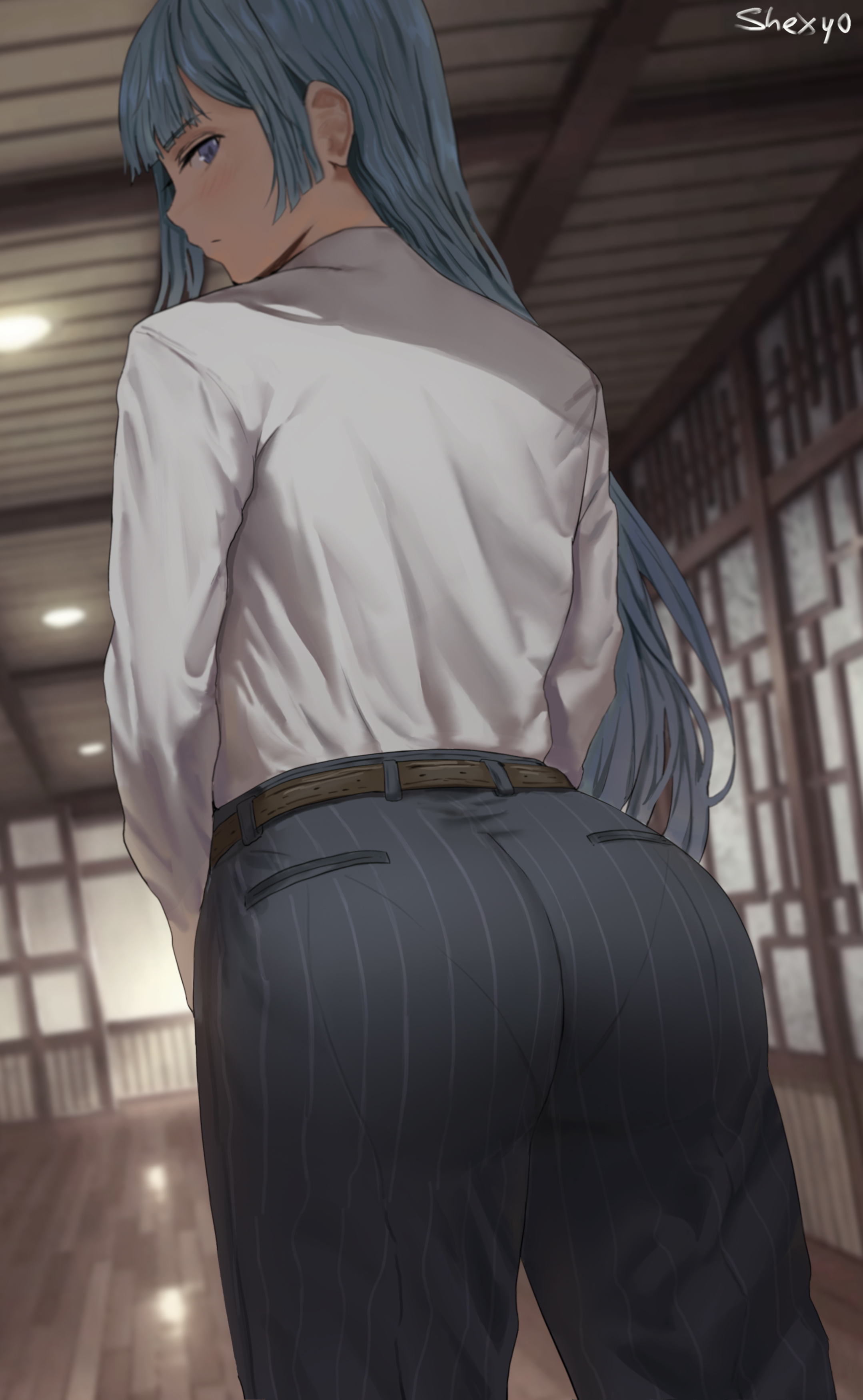 1girls, 2021, artist signature, ass, ass focus, ass shot, black pants, blue eyes, blue hair, blue-haired female, bubble ass, bubble butt, female, female focus, female only, hi res, huge ass, indoors, jujutsu kaisen, kasumi miwa, long hair, looking at viewer, looking back, pants, pantylines, shexyo, white shirt