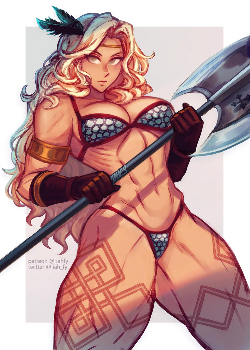 1girls, abs, amazon, amazon (dragon's crown), big breasts, bikini armor, blonde female, blonde hair, breasts, cleavage, dragon's crown, female, female only, iahfy, large breasts, muscles, muscular, muscular female, solo, tattoo on legs