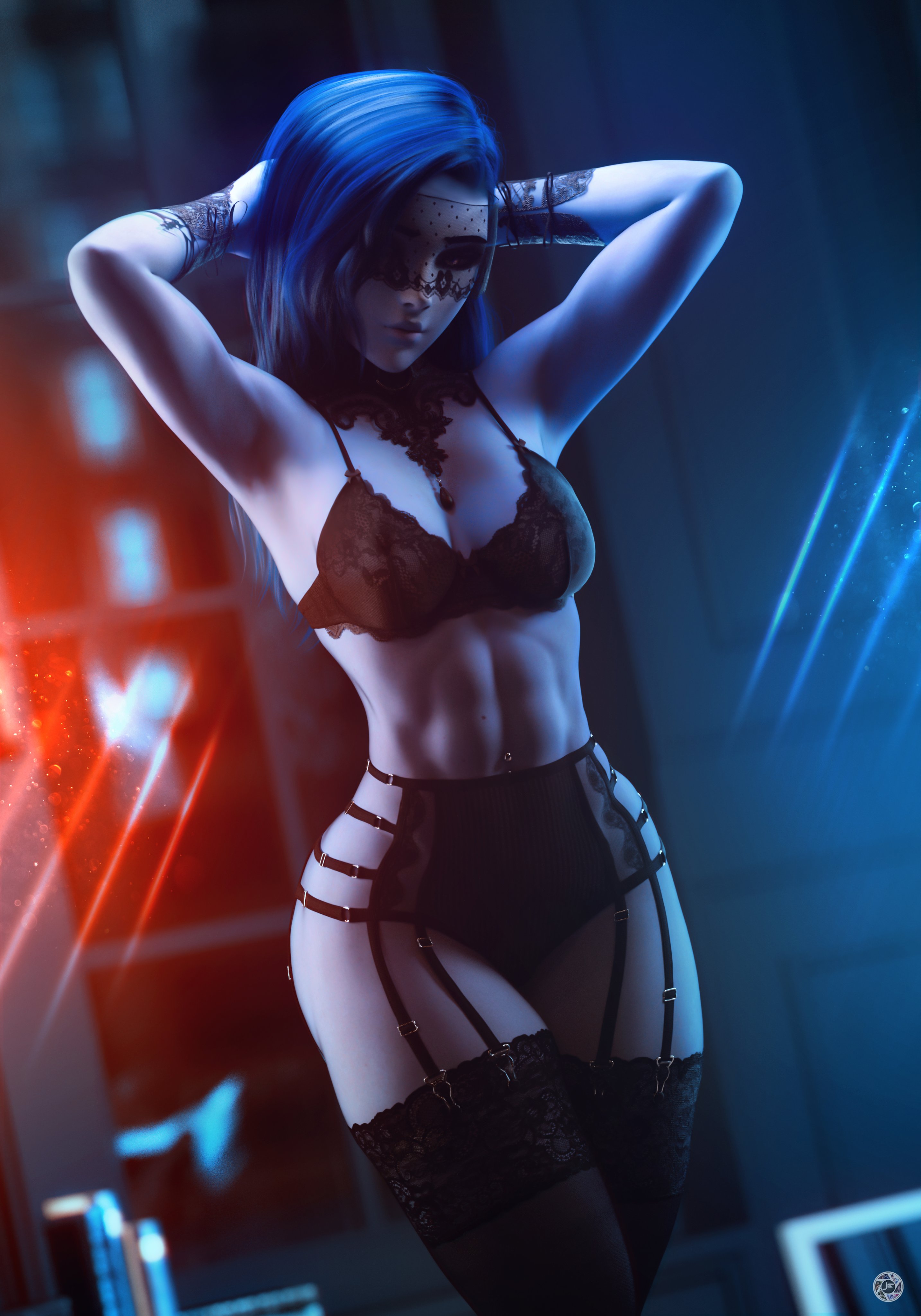 3d, abs, arms up, blue hair, bra, face mask, female, glowing eyes, lace, lingerie, mask, navel piercing, noahgraphicz, overwatch, panties, piercing, pinup, pose, solo, solo female, standing, stockings, thong, underwear, widowmaker
