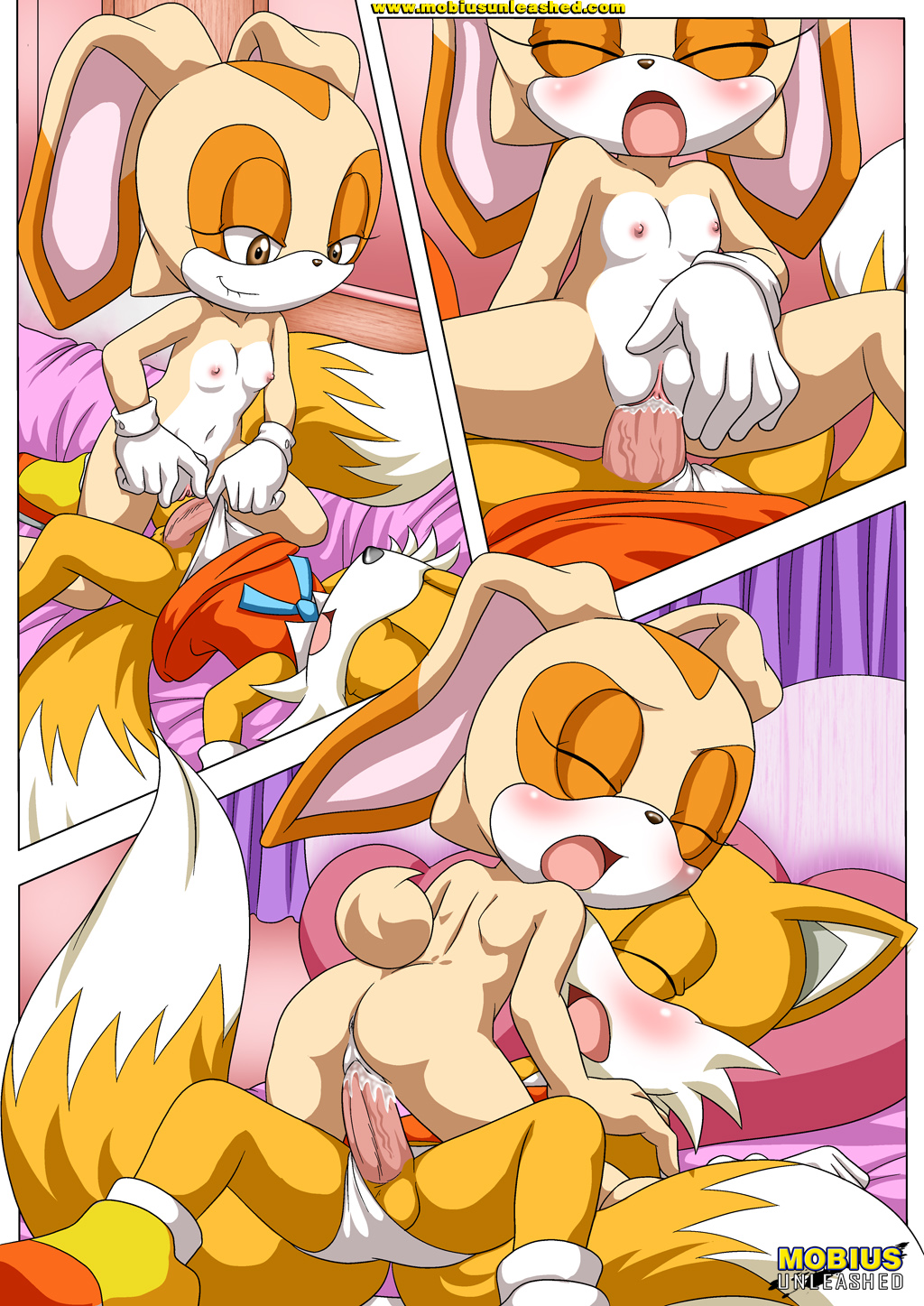 1boy, 1girls, anthro, anthro on anthro, anus, ass, bbmbbf, bed, blush, breasts, clothed, clothed male, clothed male nude female, clothed sex, comic, cowgirl position, cream the rabbit, crossdressing, crossdressing male, english text, female, female on top, femboy, femboy on female, fox, girly, gloves, lagomorph, looking pleasured, male, male on bottom, male on female, male/female, mammal, miles prower, mobius unleashed, nipples, nude, nude female, palcomix, panties, panties aside, penis, pussy, pussy juice, pussy juice on penis, rabbit, sega, sex, small breasts, socks, sonic (series), tails, tails the fox, vaginal penetration, vaginal sex, white panties, young