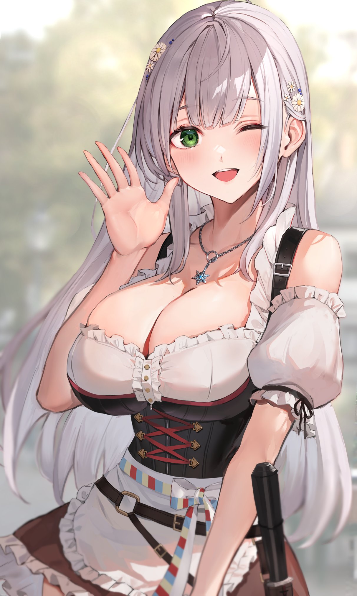 1girls, barely contained, big breasts, blush, breasts, dress, female, green eyes, hololive, hololive fantasy, hololive japan, large breasts, maid, official alternate costume, shirogane noel, silver hair, virtual youtuber, wait ar, waiter, waving, wink