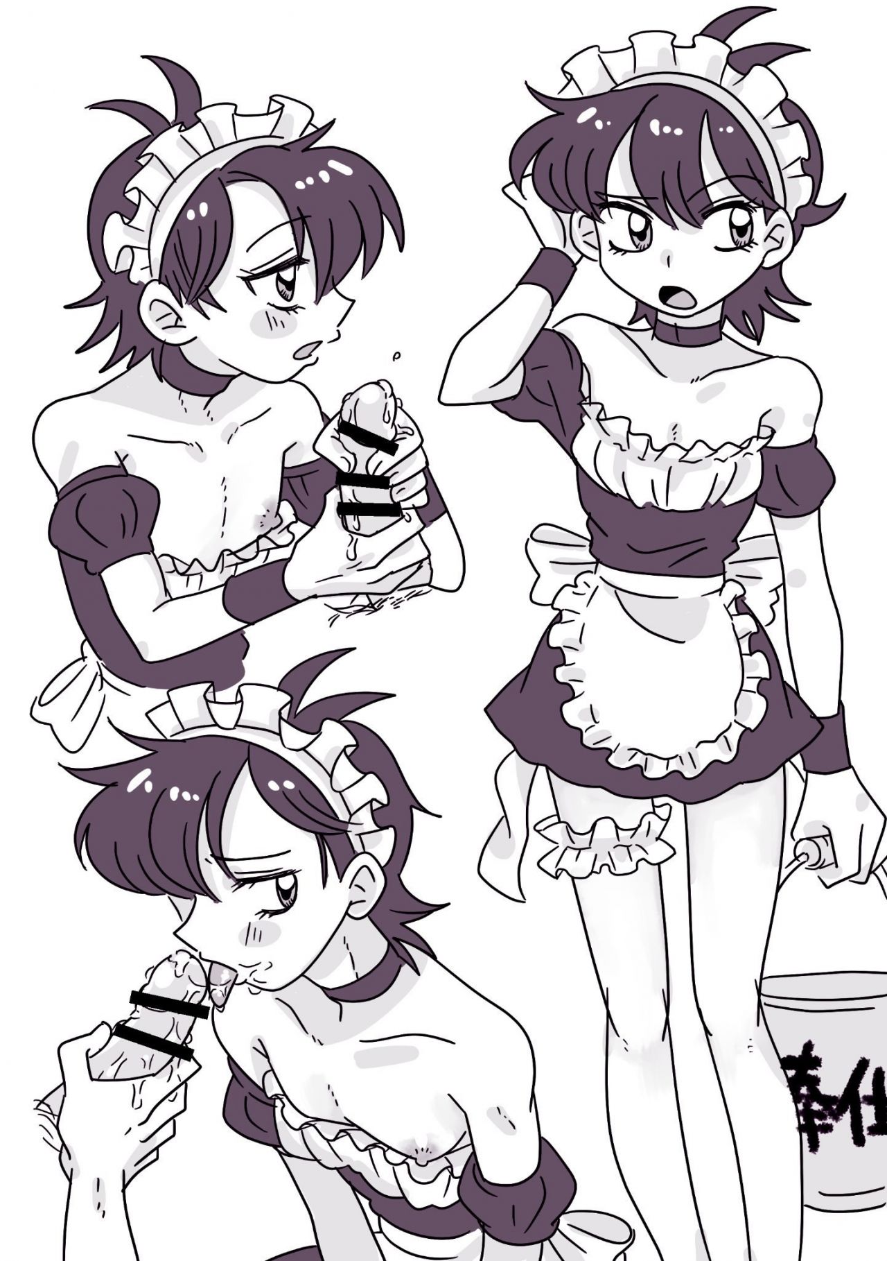 1boy, blowjob, censored, crossdressing, cum, femboy, gay, jojo's bizarre adventure, licking penis, maid, maid uniform, male, male focus, male only, male/male, narancia ghirga, nipple slip, nipples, oral, penis, vento aureo, yaoi