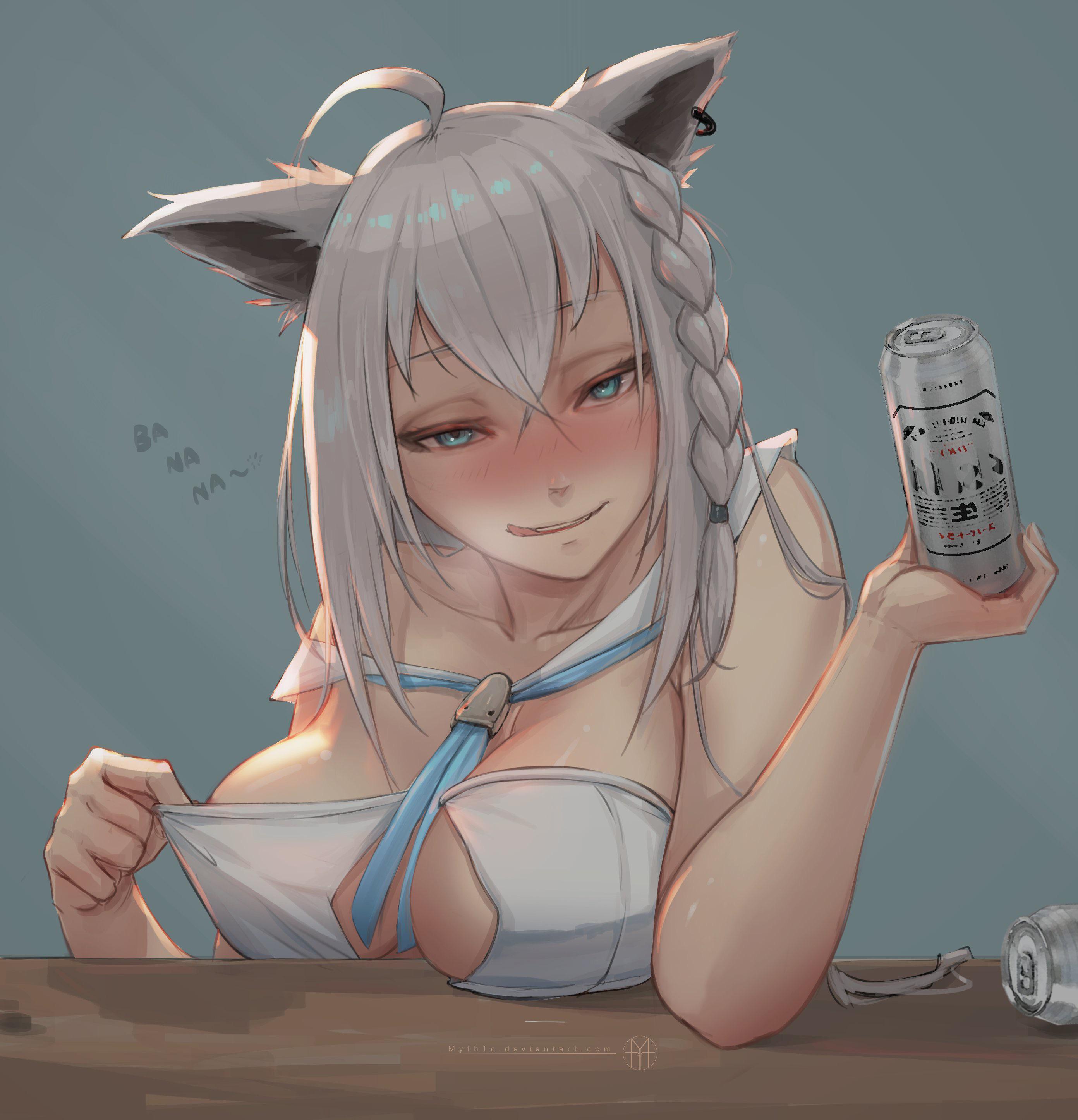 alcohol, big breasts, blue eyes, blush, braid, breasts, clothes, drunk, female, fox ears, fox girl, hololive, hololive gamers, hololive gen 1, hololive japan, horny, kemonomimi, large breasts, licking lips, looking at viewer, messy hair, myth1c, shirakami fubuki, simple background, stripping, table, teasing, text, virtual youtuber, white hair