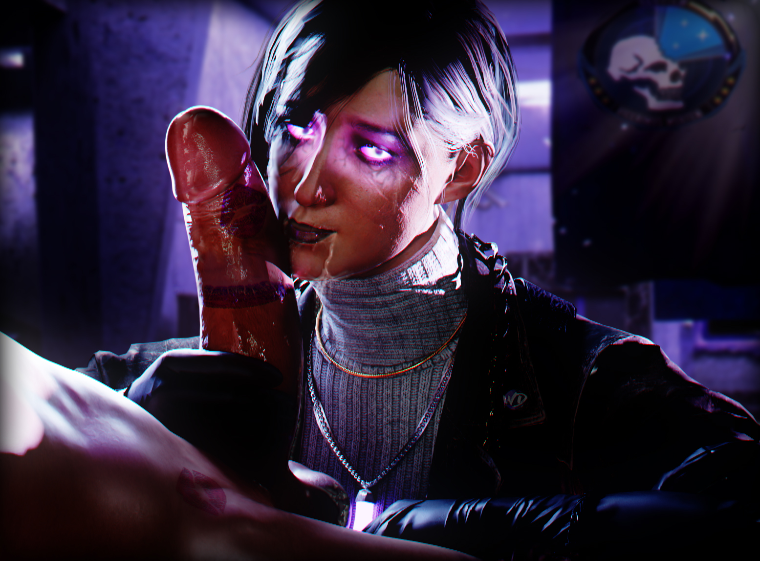 1boy, 1girls, 3d, brown hair, call of duty, call of duty black ops cold war, call of duty zombies, female, gloved handjob, gloves, glowing eyes, goth, hand on penis, handjob, handjob with gloves, holding penis, kissing penis, light skin, light-skinned female, light-skinned male, lipstick, lipstick on penis, looking at viewer, male, necklace, penis, pink eyes, saliva, samantha maxis, smirk, touching penis, wunder