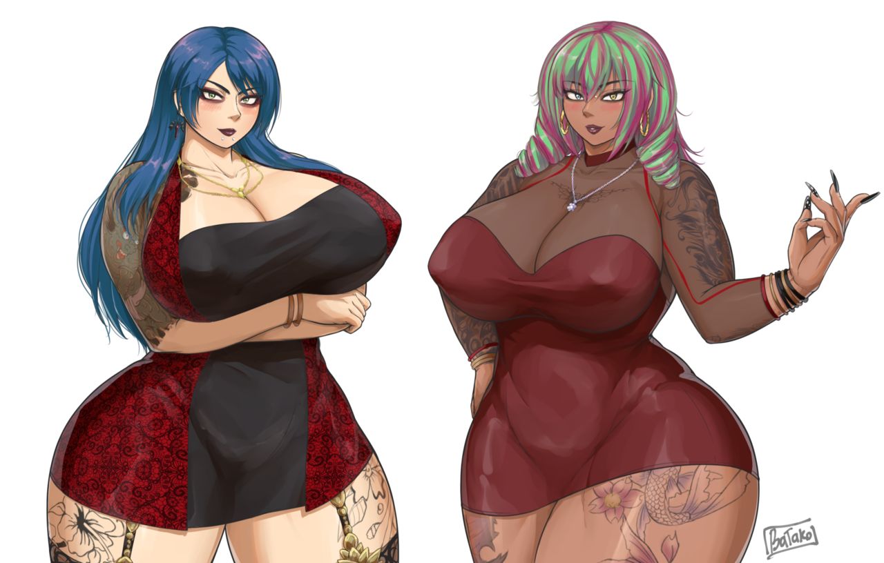 ass, batako, big breasts, blue hair, breasts, emo, eyeliner, fat, female, goth, goth girl, huge ass, multiple females, multiple girls, necklace, see-through, tattoo, thick, thighhighs, two-tone hair, voluptuous