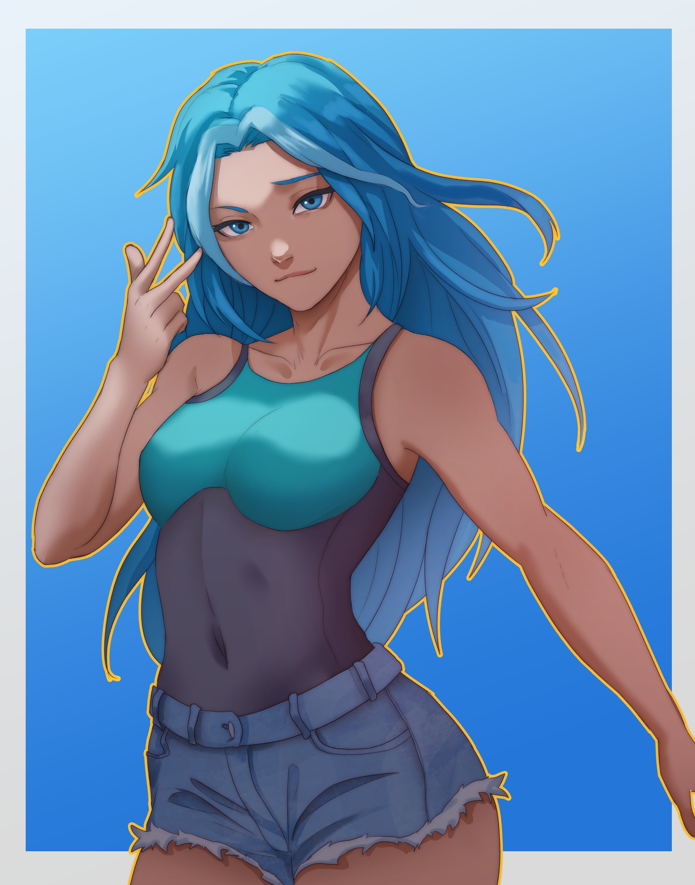 1girls, bare thighs, blue background, blue eyes, blue hair, bodystocking, breasts, female, light blue eyes, light blue hair, long hair, looking at viewer, medium breasts, navel, original, pomelomelon, shorts, smile, solo, tank top, thighs, v