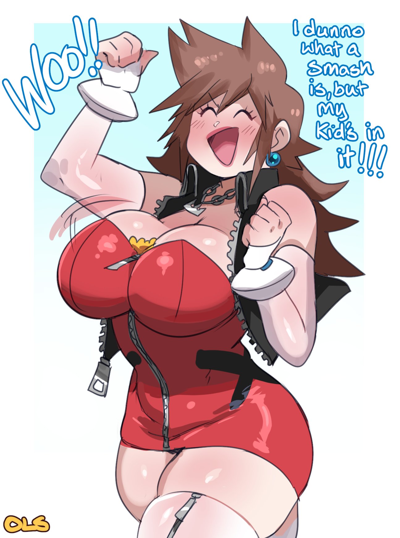 1girls, 2021, armwear, artist signature, black vest, bouncing breasts, breasts, brown hair, closed eyes, dialogue, disney, earrings, english text, fan character, female, female focus, female only, huge breasts, human, kingdom hearts, legwear, lightsource, long hair, mature female, milf, mother, motion lines, necklace, neckwear, open clothes, outerwear, red clothing, simple background, skindentation, smile, sora's mom, spiky hair, square enix, standing, super smash bros., super smash bros. ultimate, text, thick thighs, thighs, vest, white background, wide hips