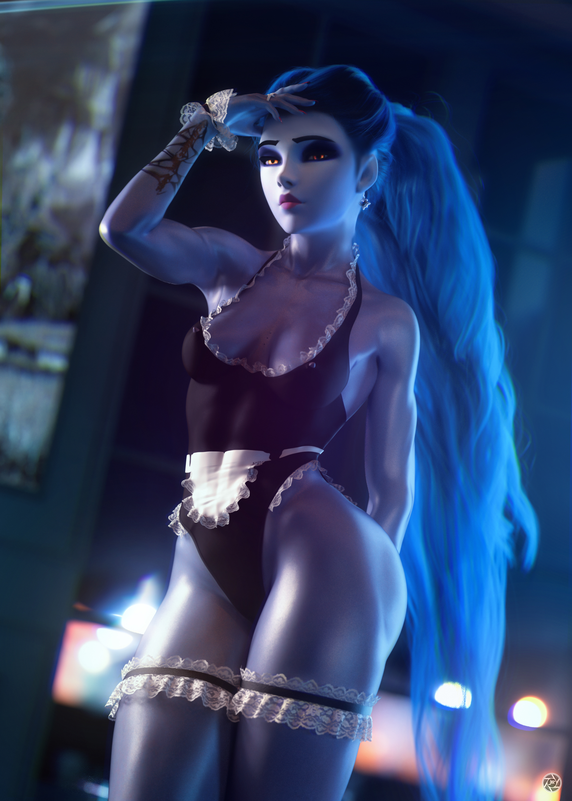 1girls, 3d, blue body, blue hair, blue skin, female, fit, fit female, glowing eyes, leg band, maid, maid uniform, mature female, miniskirt, noahgraphicz, overwatch, pinup, pose, skirt, slim waist, solo, solo female, standing, thick thighs, wide hips, widowmaker