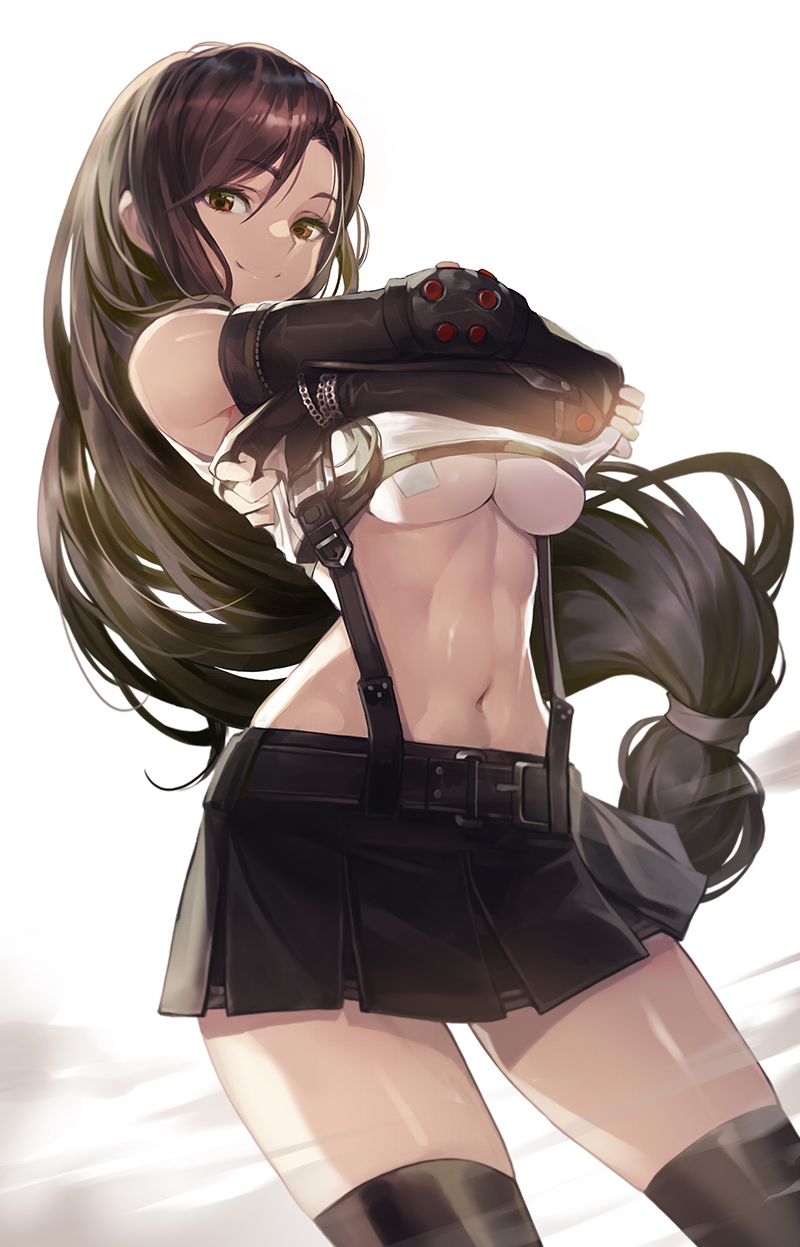 bangs, bare shoulders, belt, black belt, black hair, black legwear, black skirt, blush, breasts, brown eyes, brown hair, buckle, contrapposto, cowboy shot, curvaceous, dutch angle, elbow gloves, elbow pads, eyebrows visible through hair, female, final fantasy, final fantasy vii, final fantasy vii remake, fingerless gloves, gloves, goomrrat, high resolution, hips, large breasts, lifted by self, long hair, looking at viewer, low-tied long hair, microskirt, midriff, navel, pencil skirt, pleated skirt, ponytail, red eyes, self exposure, shirt, shirt lift, sidelocks, simple background, skirt, sleeveless, sleeveless shirt, slender waist, smile, solo, suspender skirt, suspenders, tank top, tank top lift, thighhighs, thighs, tied hair, tifa lockhart, underboob, undressing, white background, white shirt, zettai ryouiki