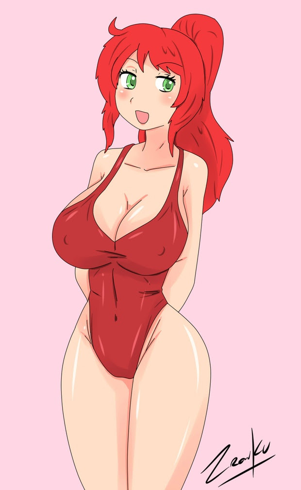 1girls blush female_only green_eyes high_ponytail long_hair patreon_leak ponytail pyrrha_nikos red_hair rwby shiny_hair shiny_skin solo solo_female swimsuit tagme zronku