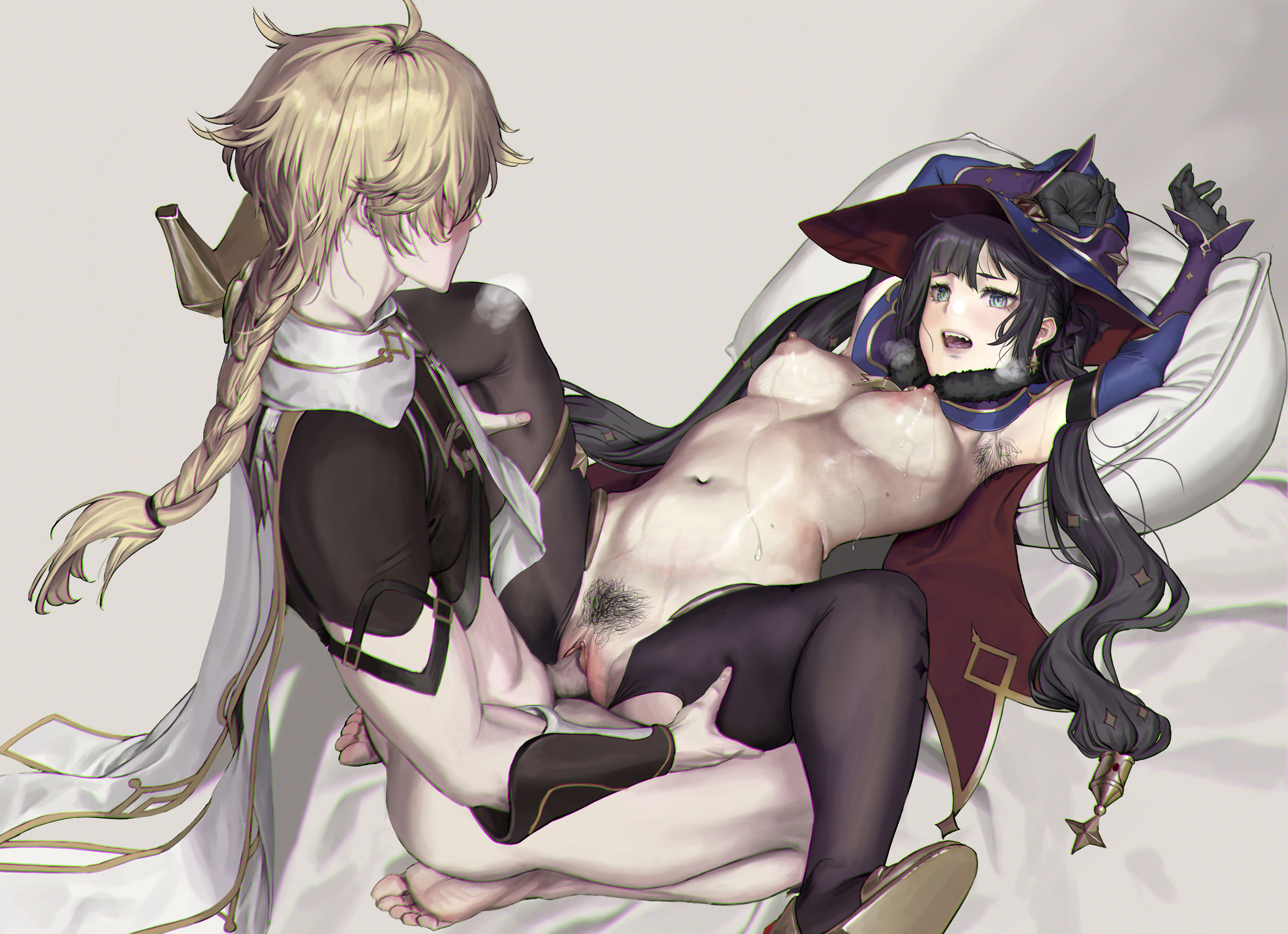 1boy, 1girls, aether (genshin impact), areolae, blue eyes, breasts, clitoris, female, genshin impact, janggun, legs apart, legs held open, male, mona (genshin impact), naked, nipples, nude, nude female, penis, penis in pussy, pubic hair, pussy, pussy lips, sex, spread legs, vagina, vaginal penetration, vaginal sex