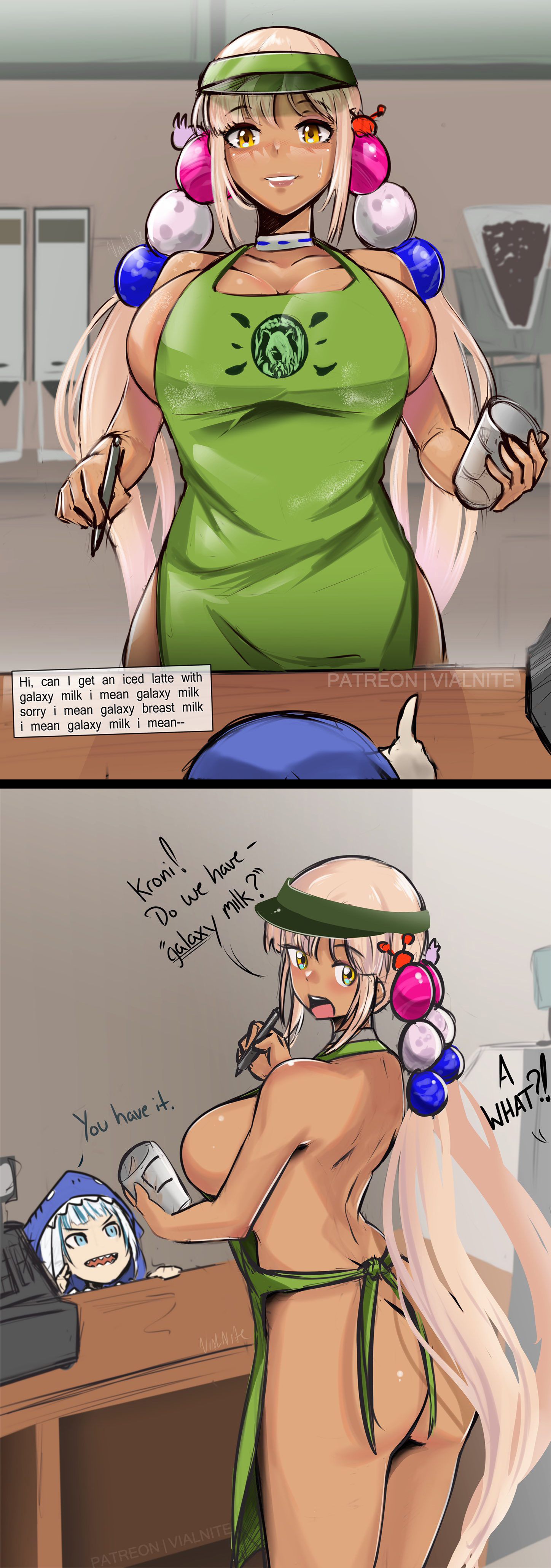apron, apron only, breasts, busty, casual, comic, edit, female, female focus, female only, female pervert, gawr gura, hololive, hololive english, hololive english -council-, hololive myth, hourglass figure, huge breasts, iced latte with breast milk, meme, sideboob, tagme, tsukumo sana, twintails, unaware, vialnite, virtual youtuber, waitress, waitress uniform, wide hips